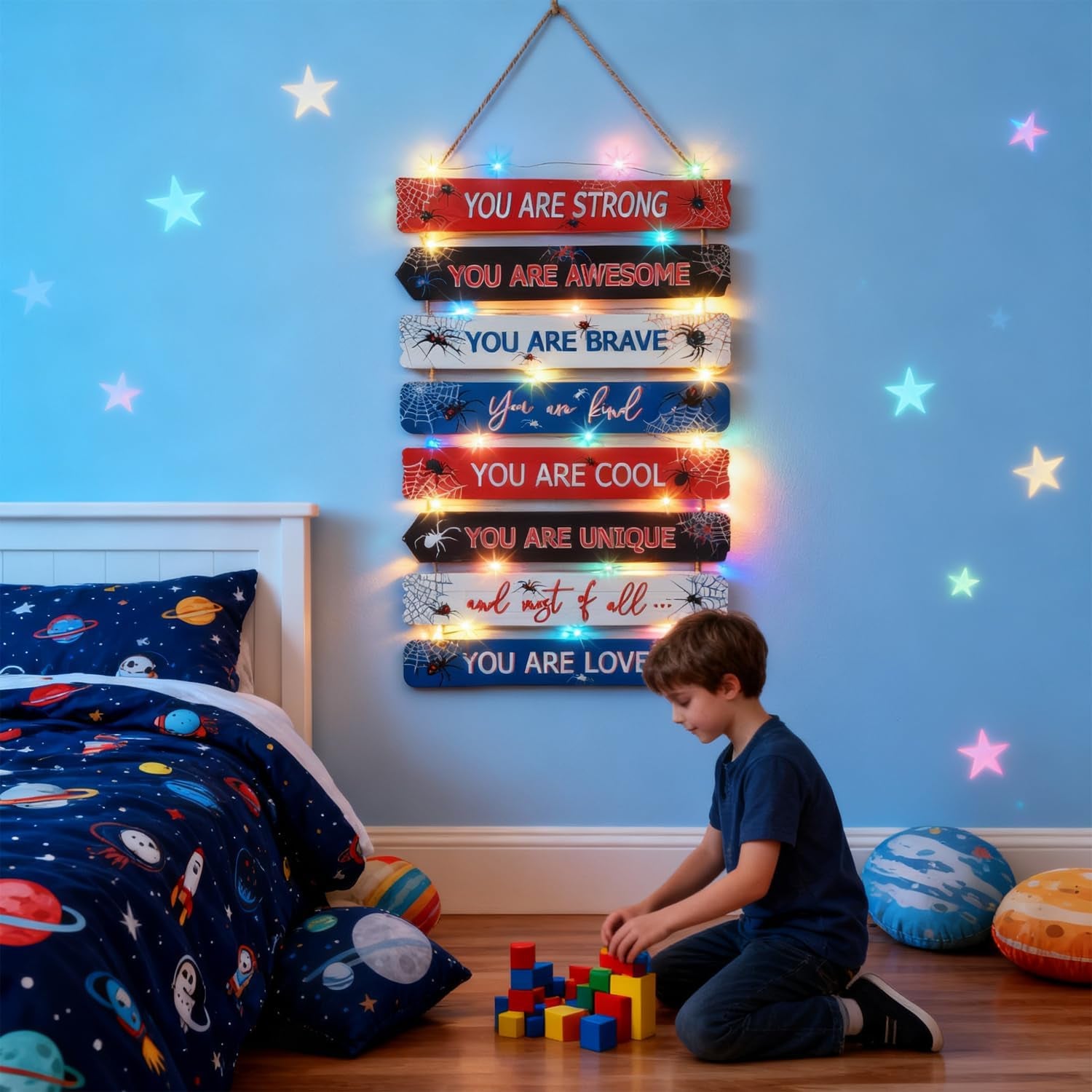 Spider Room Decor with LED Lights Bedroom Boys Room Wall Decor Children Inspirational Motivational Wall Art Wooden Wall Decor Little Boy Kids Room Interior Decor Toddler Room Sign