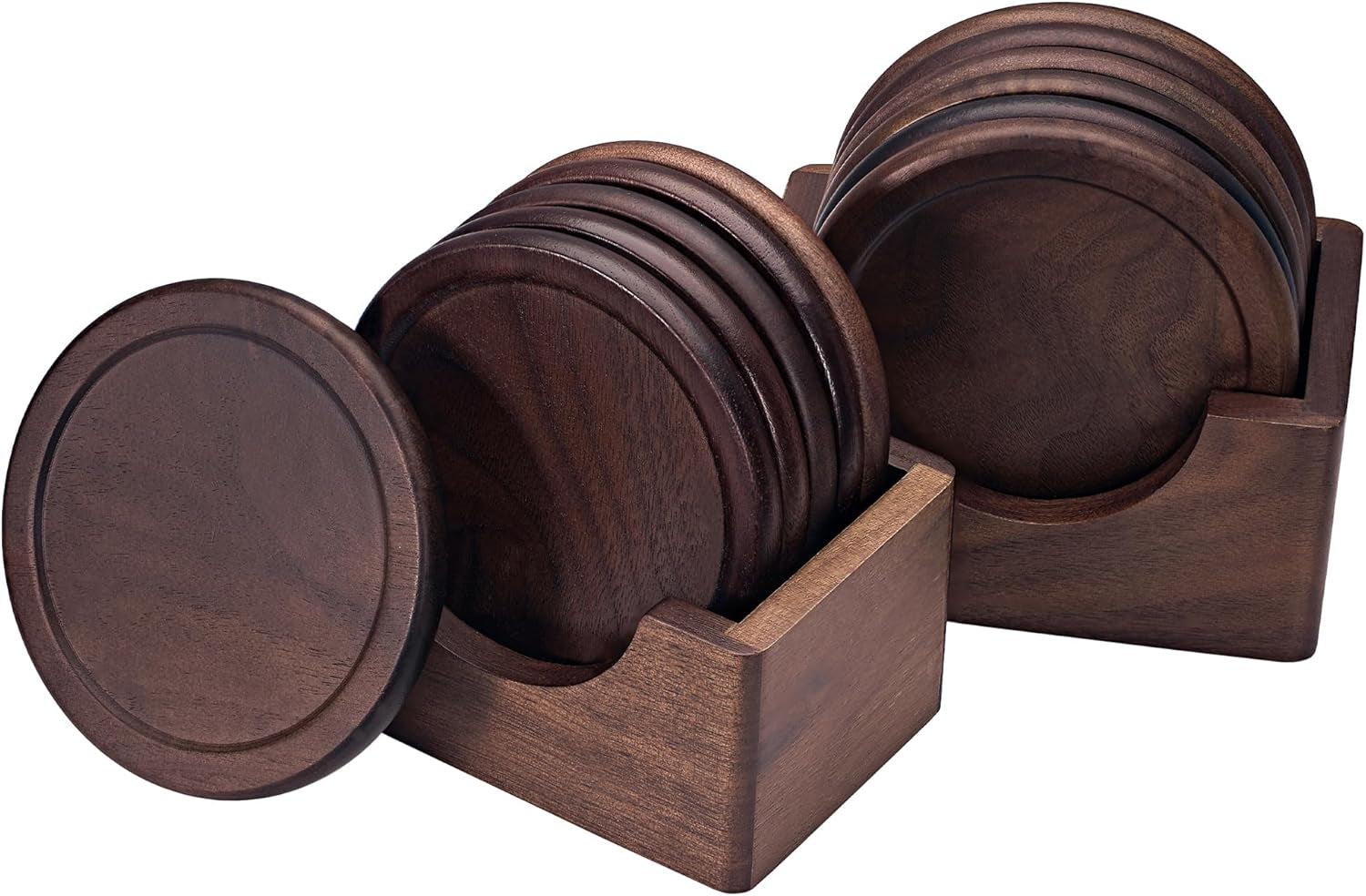 Classic Walnut Dark Coaster Set of 6 Pieces. Including the Holder Pure Natural Wood and Texture. Wonderful Decor for Dining Tables and Office Tables