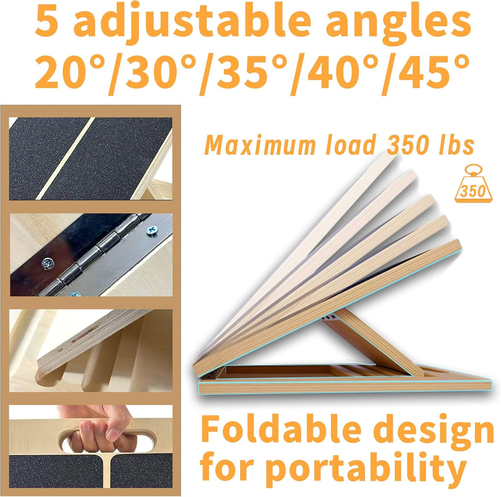 Adjustable 16.5"×12" Wooden Slant Board – 5-Angle Foldable Calf Stretcher & Squat Wedge for Home-Gym, Portable Incline Board, 350 Lb Rated