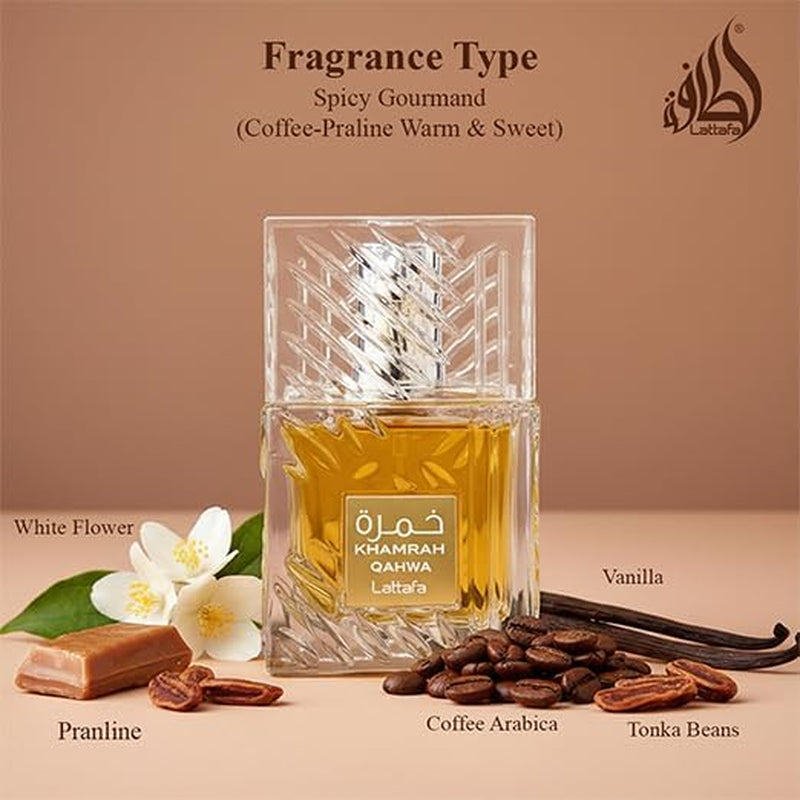 Khamrah Qahwa - Vanilla, Warm Spicy, Cinnamon, Sweet - Eau De Parfum Long-Lasting Fragrance for Unisex, 3.40 Ounce / 100 Ml