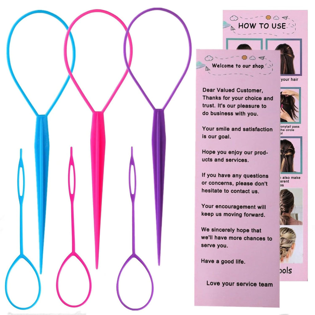 6Pcs Topsy Tail and Hair Loop Styling Tool Set - Ponytail Makers, French Braid Loops in Large and Small, Hair Pull through Tools (Pink, Blue, Purple) for Women and Girls