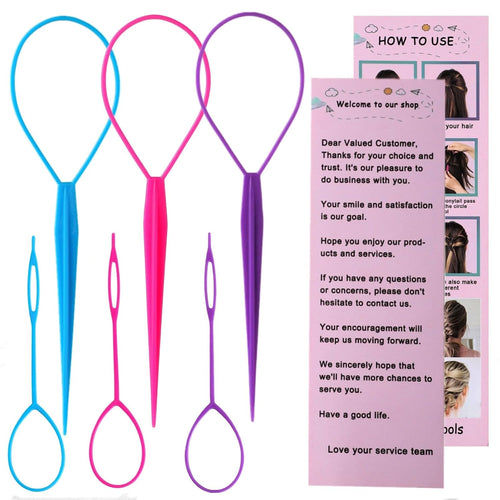 6Pcs Topsy Tail and Hair Loop Styling Tool Set - Ponytail Makers, French Braid Loops in Large and Small, Hair Pull through Tools (Pink, Blue, Purple) for Women and Girls