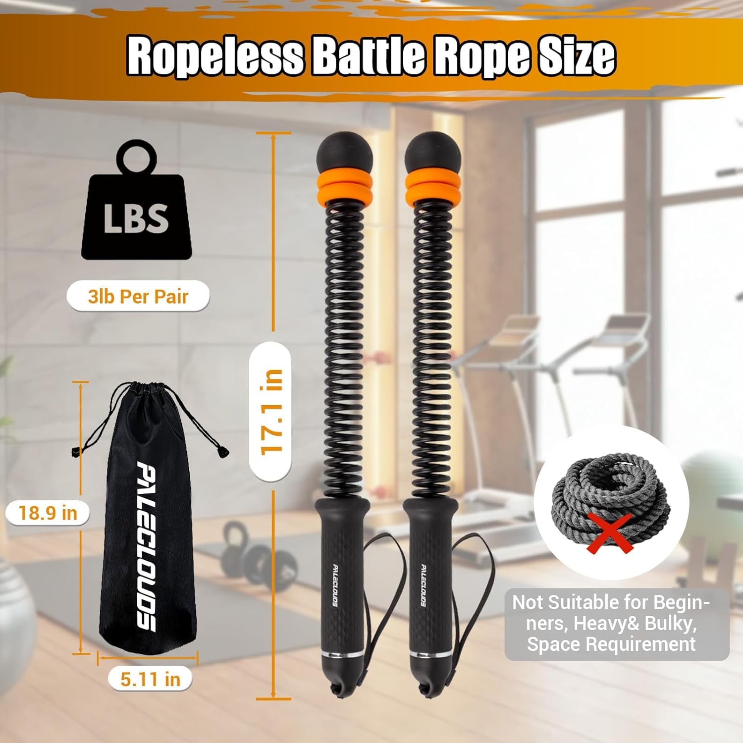 Portable Ropeless Battle Ropes, Adjustable Weights Cordless Battle Ropes for Home Gym with Storage Bag, Weighted Exercise Equipment for Low-Impact Workout, Strength & HIIT, for Men & Women (Black)