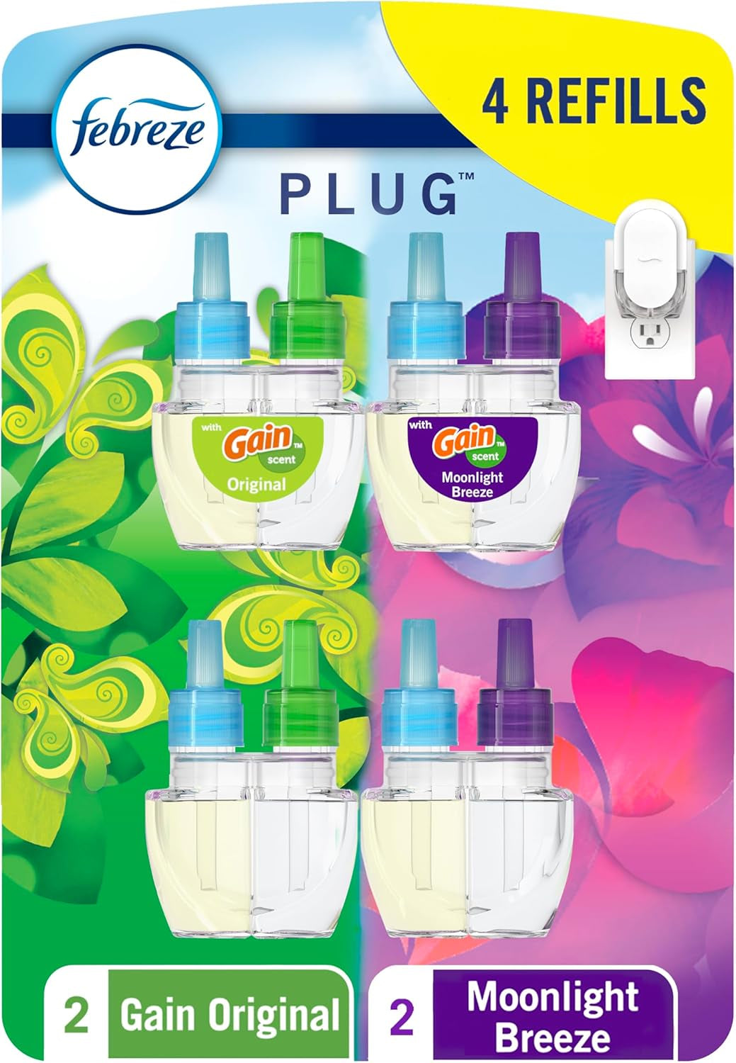 Plug in Air Freshener, Odor-Fighting Scented Oil Refill for Home, Bathroom, & Kitchen, Long Lasting, Refresh & Energize and Soothe & Restore Scents, 0.87Oz Refills, 4Ct (2 of Each)