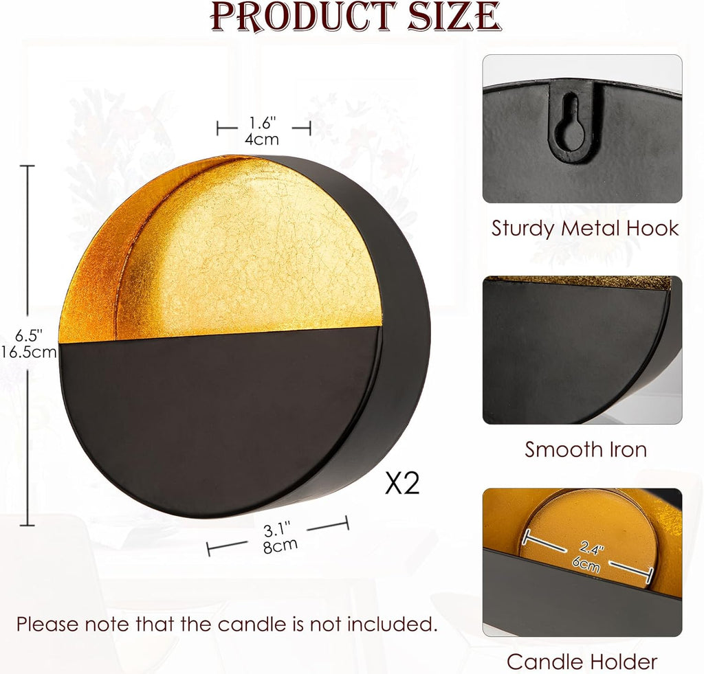 Luxury Metal Wall Candle Sconces – Small Handcrafted Wall-Mounted Tealight Candle Holders with Gold Leaf Interior – Modern & Rustic Home Décor for Living Room, Hallway – 6.5" Black Two Pieces