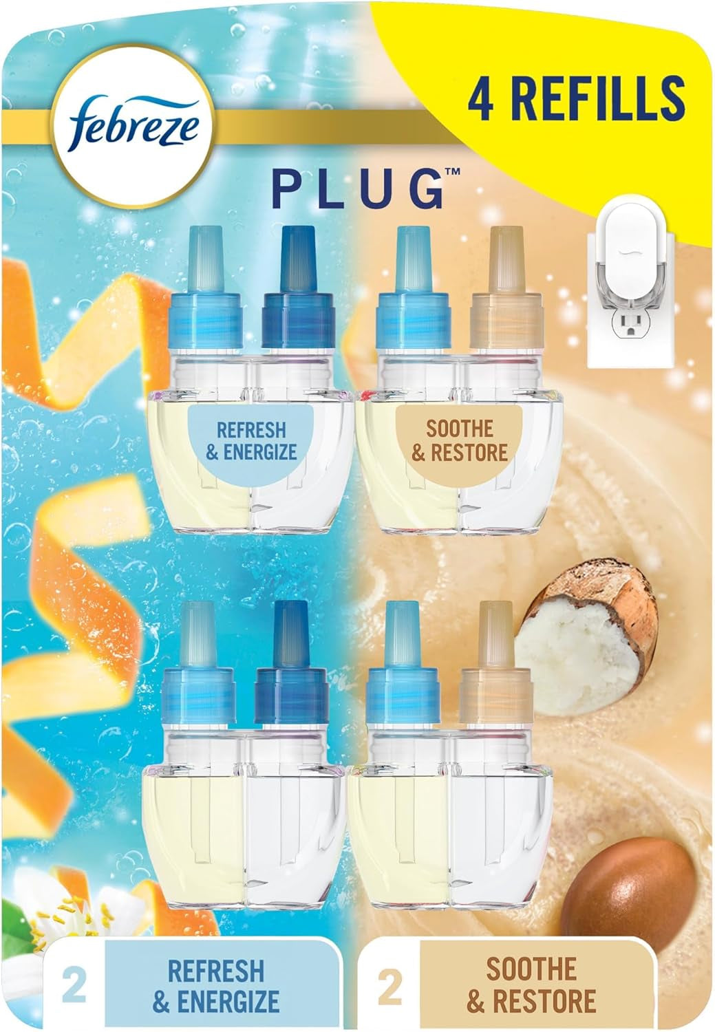 Plug in Air Freshener, Odor-Fighting Scented Oil Refill for Home, Bathroom, & Kitchen, Long Lasting, Refresh & Energize and Soothe & Restore Scents, 0.87Oz Refills, 4Ct (2 of Each)