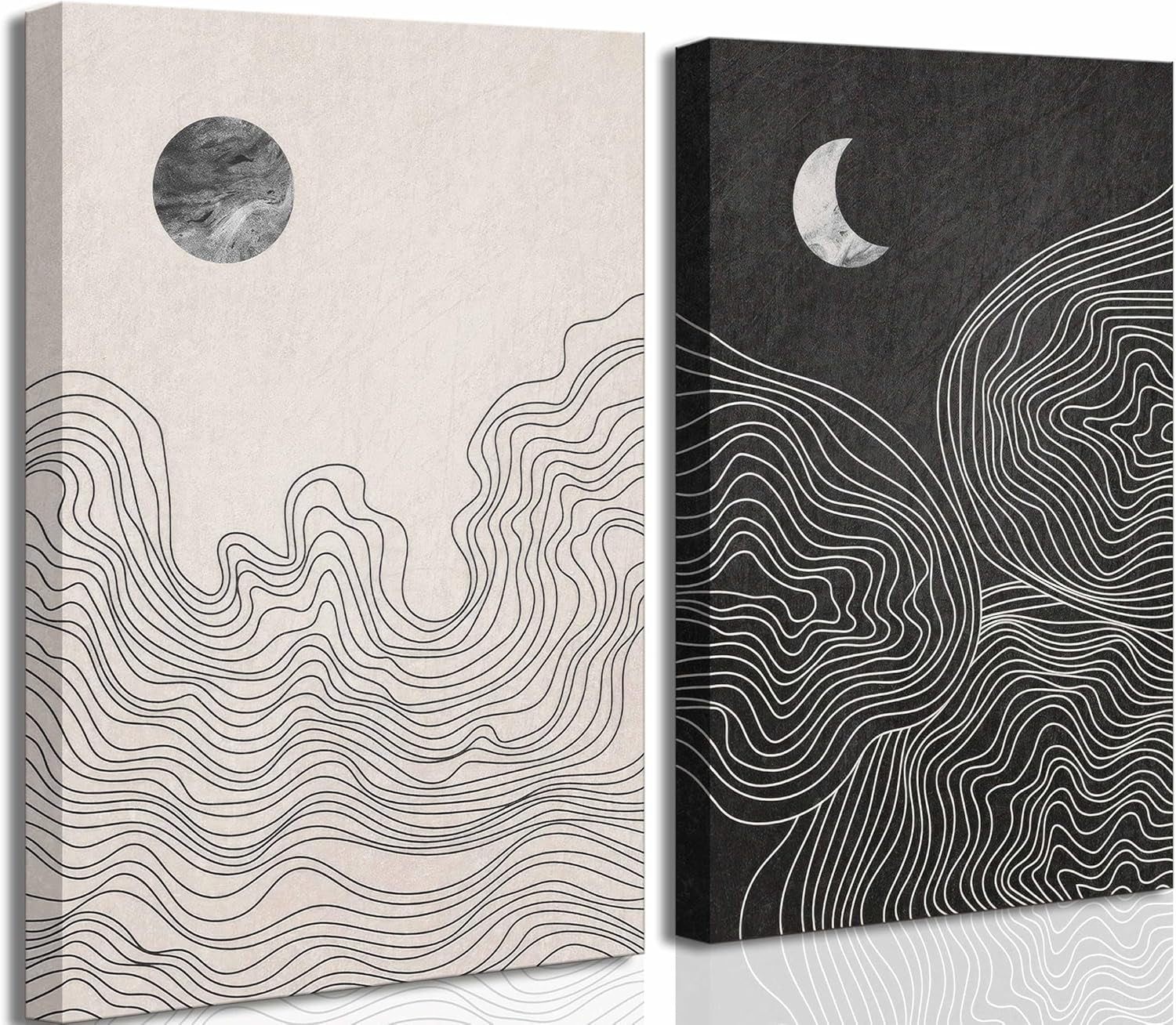 2 Pcs Modern Minimalist Boho Canvas Wall Art Neutral Black and White Abstract Sun and Moon Lines Paintings Pictures Wall Decor Poster Print Artwork for Living Room Bedroom Home Decoration Unframed