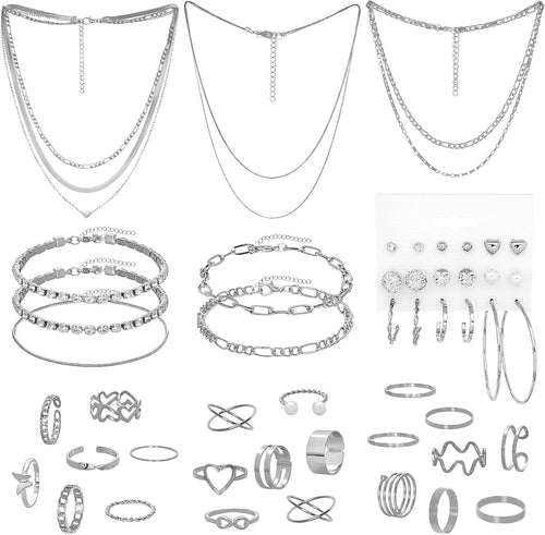 34 Pcs Silver Jewelry Set for Women Layered Bracelets Ball Dangle Hoop Earrings Stackable Knuckle Rings Set Dainty Adjustable Necklaces Valentine Anniversary Trendy Party Costume Accessories Jewelry