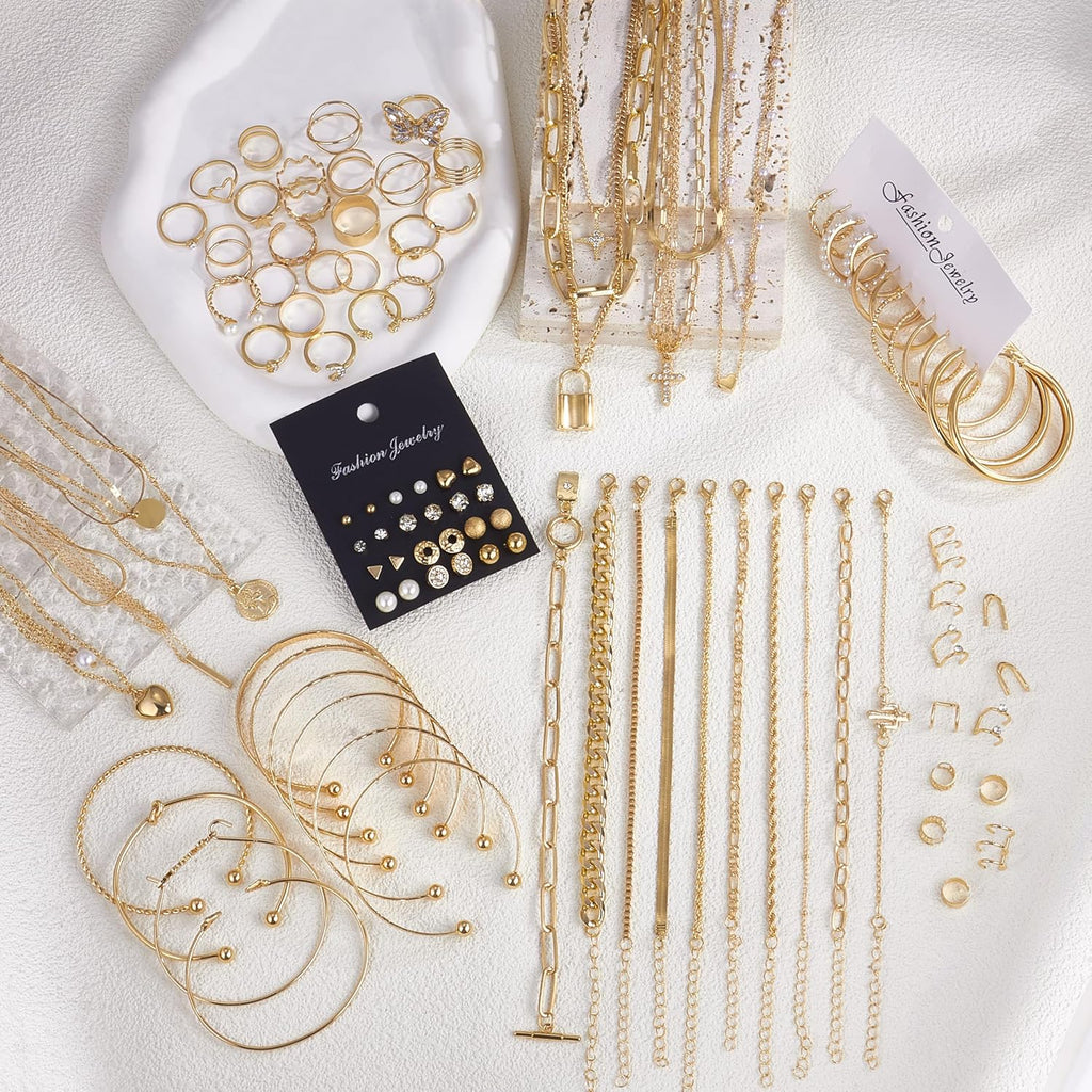 93 Pcs Golden Jewelry Set for Women Costume Jewelry Pack Golden Plated Necklace Bracelet Stackable Ring Earrings Jewelry for Christmas New Year