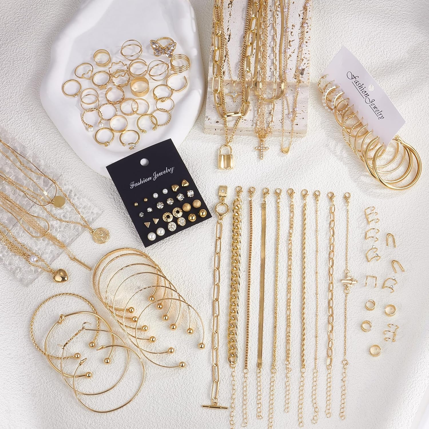 93 Pcs Golden Jewelry Set for Women Costume Jewelry Pack Golden Plated Necklace Bracelet Stackable Ring Earrings Jewelry for Christmas New Year