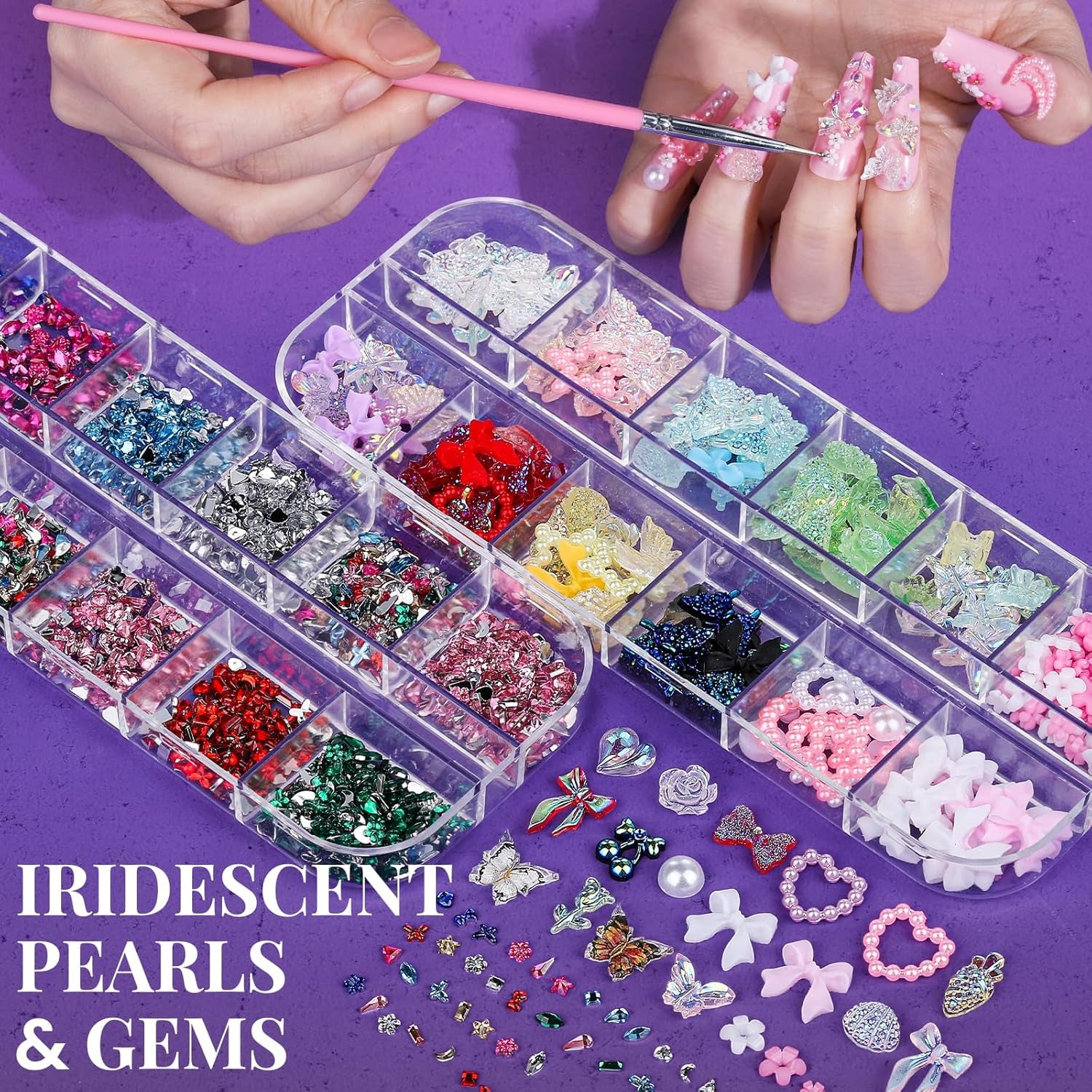 Nail Charms and Nail Brushes, Nail Accessories Kit with 15 Pcs Nail Art Brushes, 6 Box Nail Charms and Gems, 10 Pcs Flower Nail Stickers, 5 Pcs Dotting Tools, Nail Art Kit with Nail Brush