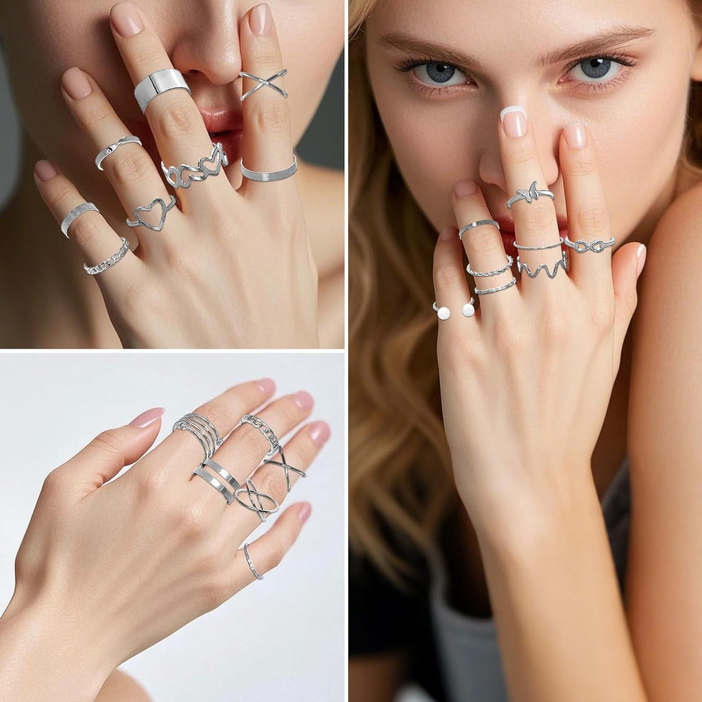 34 Pcs Silver Jewelry Set for Women Layered Bracelets Ball Dangle Hoop Earrings Stackable Knuckle Rings Set Dainty Adjustable Necklaces Valentine Anniversary Trendy Party Costume Accessories Jewelry