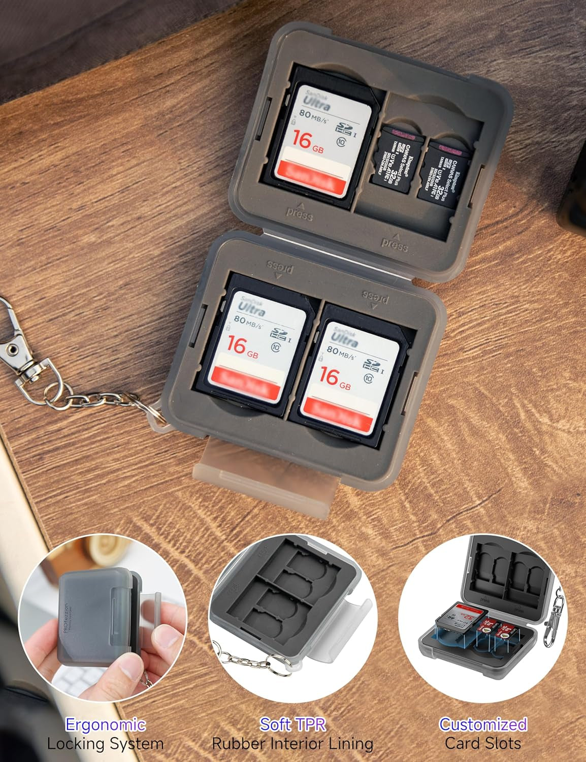 SD Card Holder Case Water-Resistant: Portable 12 Slots Memory Card Case for 8 Micro SD Card & 4 SD/SDXC/SDHC Card, Memory Card Hard Carrying Box Keeper Protector with Rubber Interior Grey