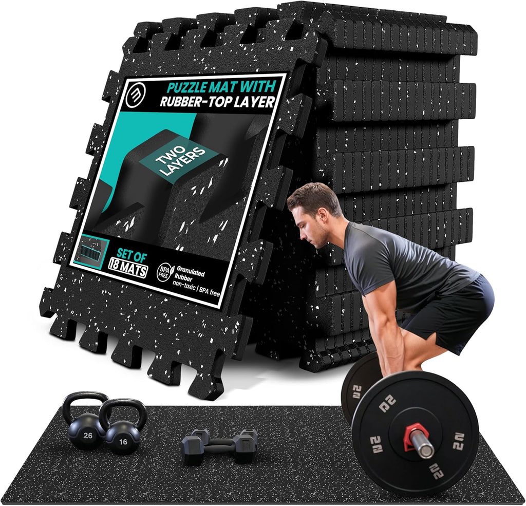 Gym Mats Set - 18 Pcs EVA Interlocking Foam Floor Tiles (12.6"X12.6"X0.4") 18Sqft Protective Gym Flooring Sports Home Workout Exercise Mats Puzzle Garage Fitness Play-Room Pool Treadmill Bike