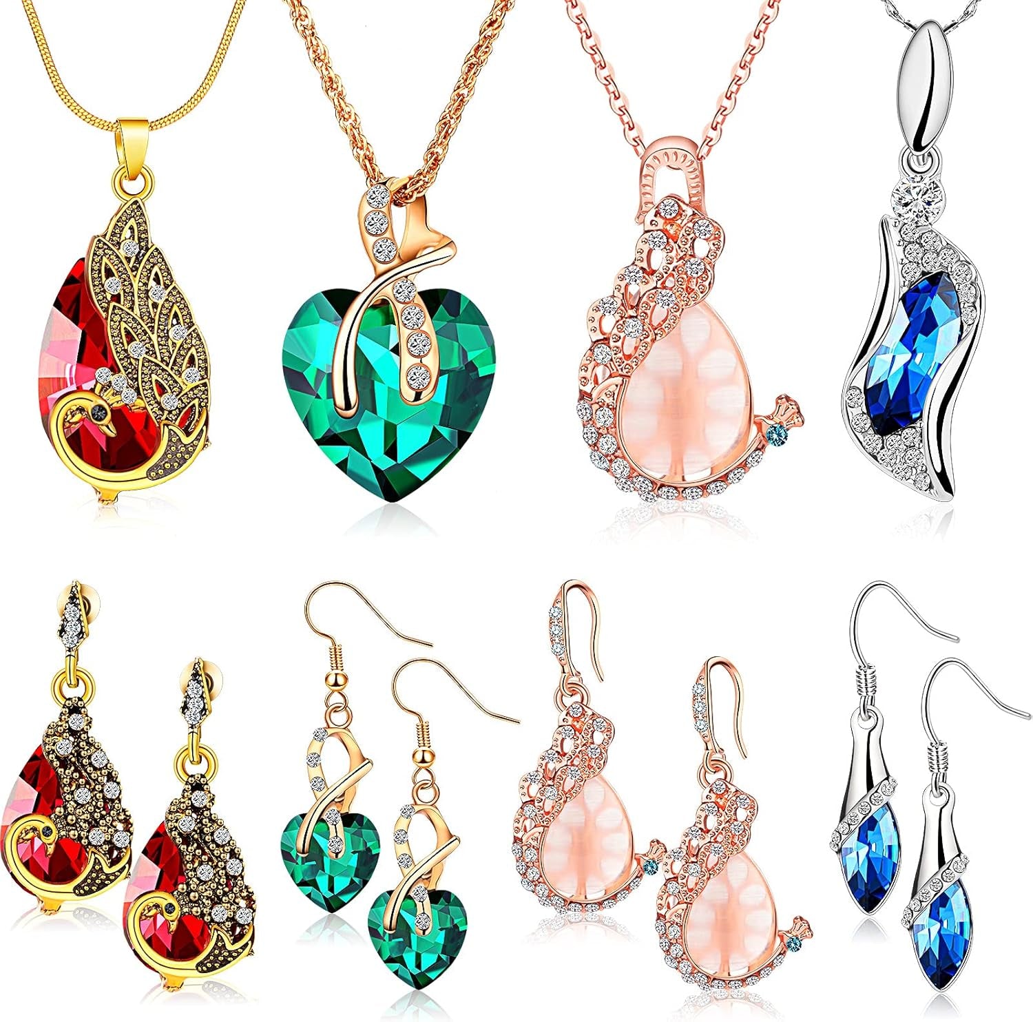 4 Set Peacock Jewelry Sets for Women Crystal Necklace Earrings Rhinestone Waterdrop Pendant Heart Charm Hook Earrings Indian Jewelry Set for Mother'S Gift Valentine'S Gifts Lover Ladies