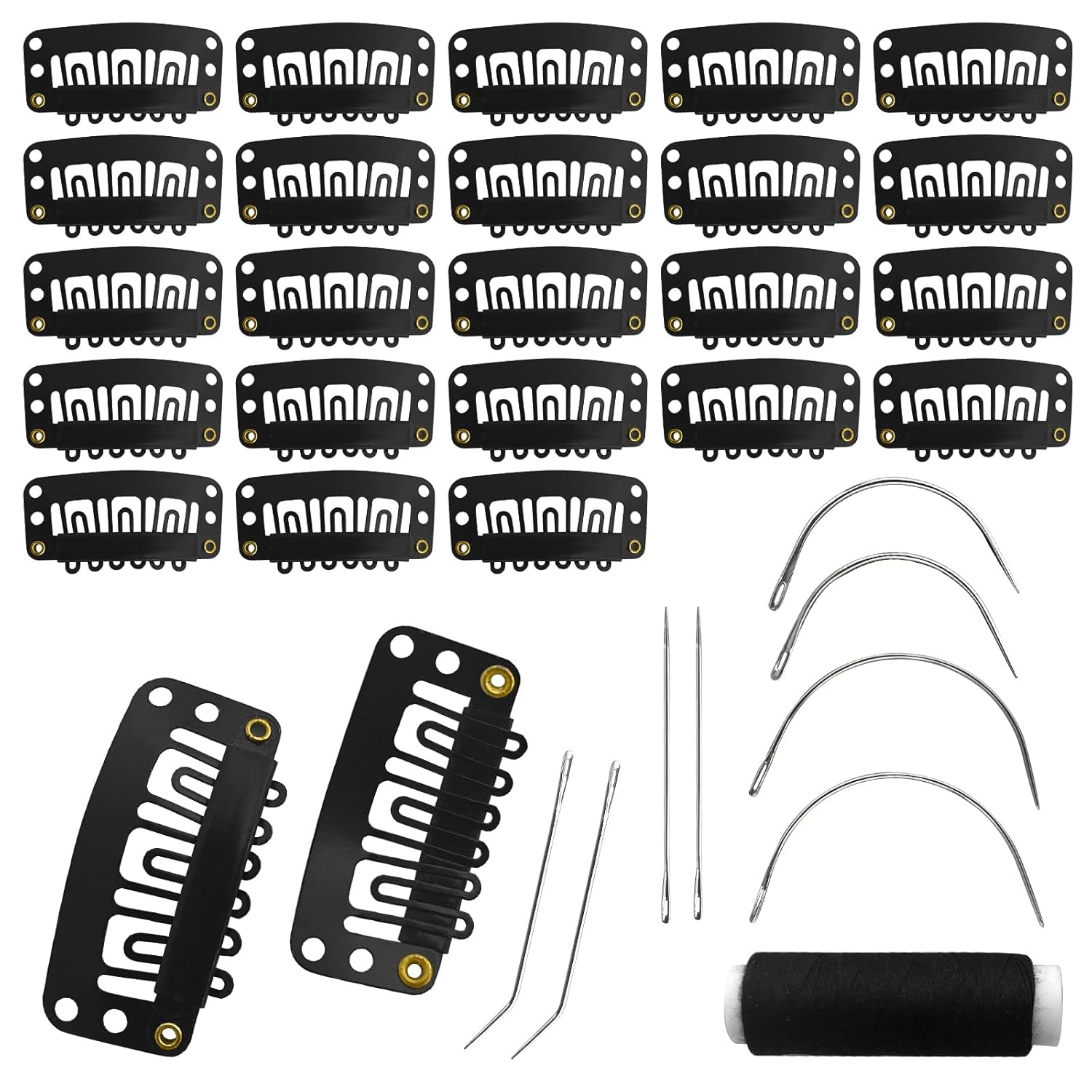 25Pcs 32Mm Hairpieces Snap Clips U Shape Wig Clips for Hair Extensions Making Wig Accessories Set Tools (Black)