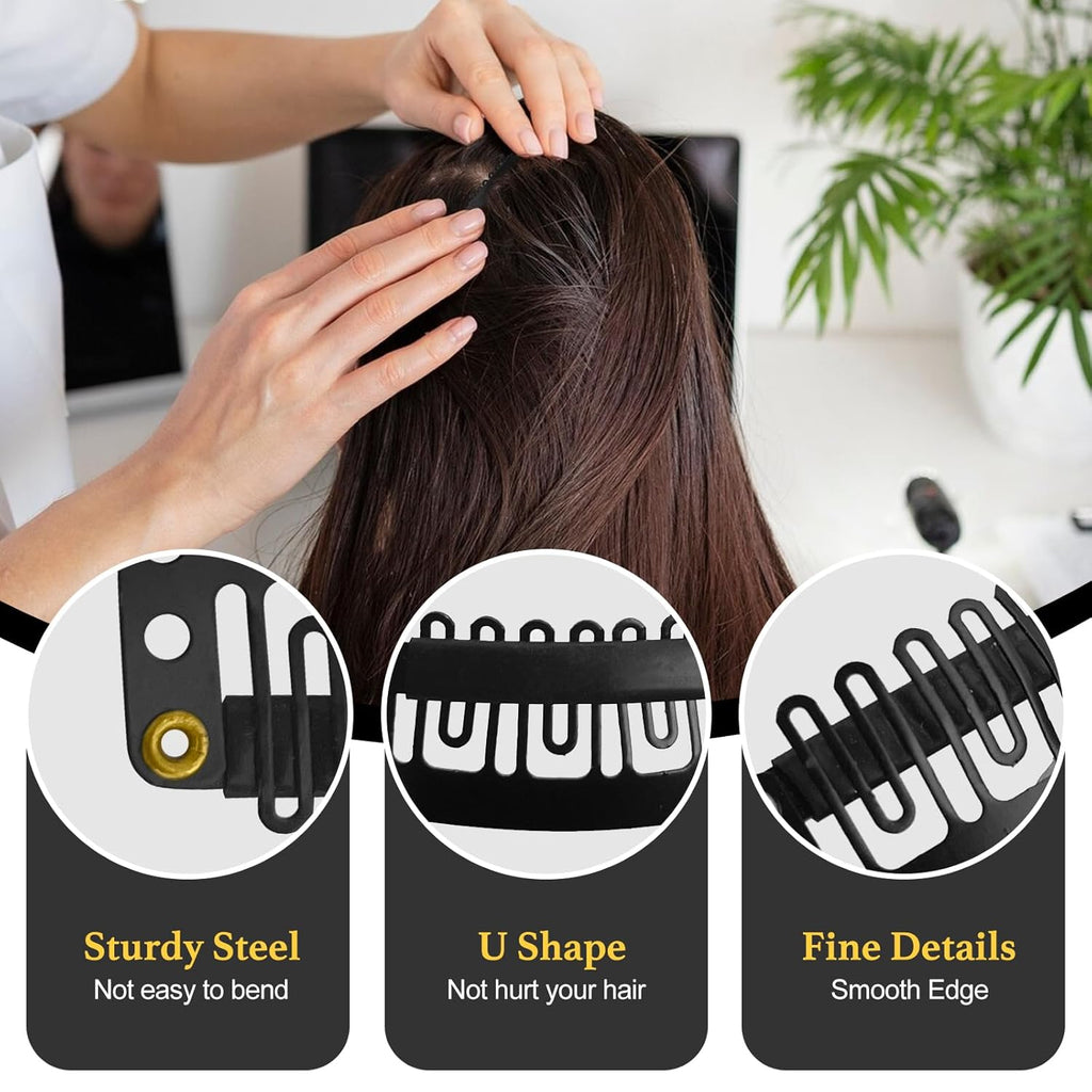 25Pcs 32Mm Hairpieces Snap Clips U Shape Wig Clips for Hair Extensions Making Wig Accessories Set Tools (Black)