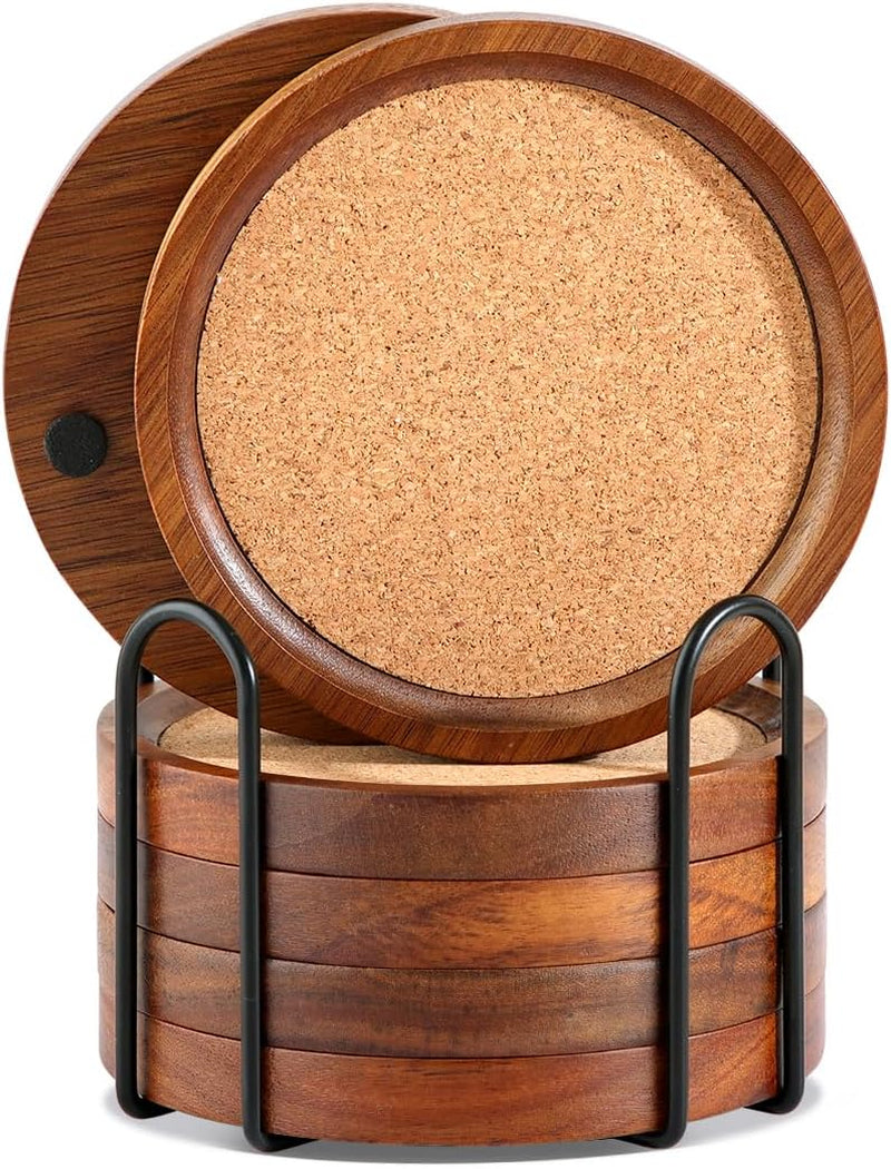Wood Cork Coasters for Drinks Absorbent with Holder,  Acacia Wood Coaster Sets Rustic Farmhouse for Coffee Table Dining Table Wooden Table Coasters for Desk, Set of 6 4.33In