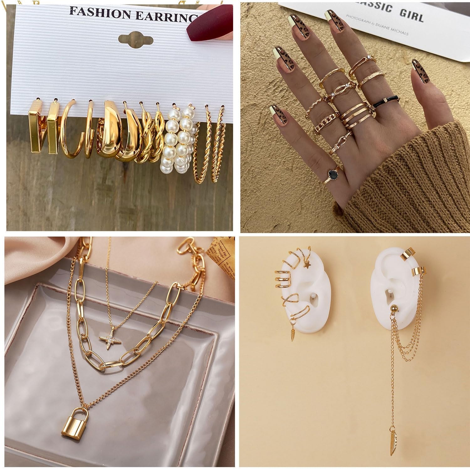 73 Pcs Gold Jewelry Set with 6Pcs Layered Necklace, 11 Pcs Anklet and 7Pcs Earring Ear Cuff,12Hoop Earrings ,15Pcs Rings,21Pcs Stud Earrings Jewerly Set for Women Pack for Friendship Party Gift