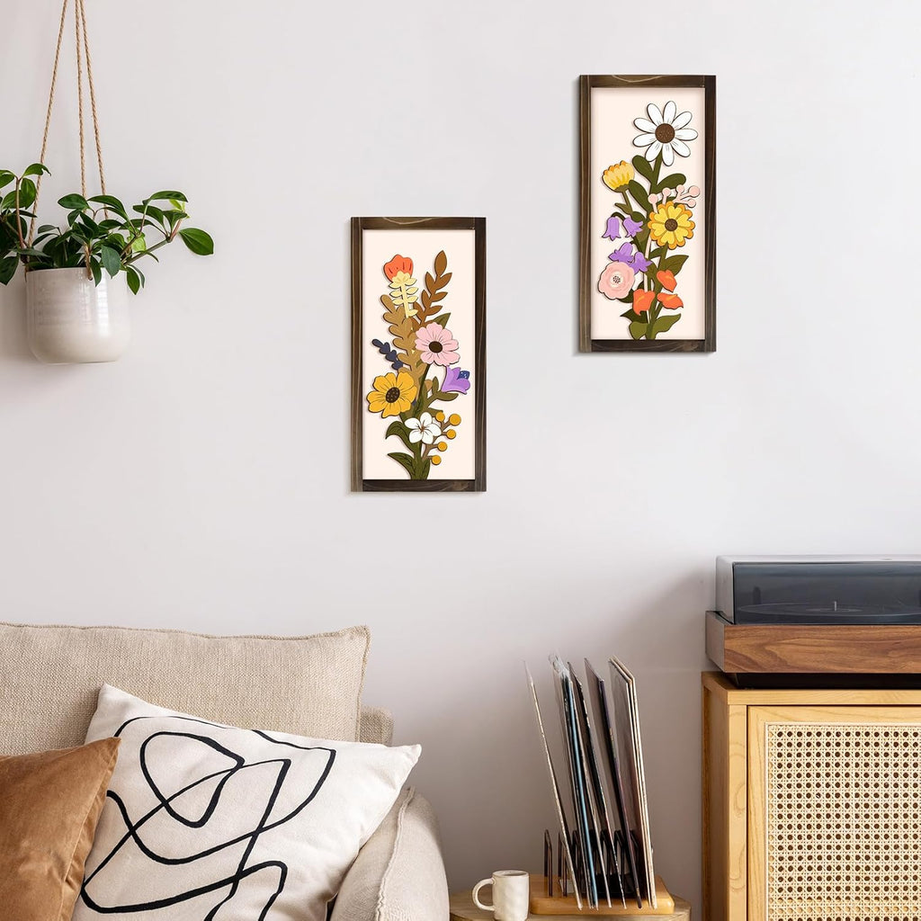3D Floral Wall Art, 2 Set Rustic Wood Boho Flower with Vase Framed Wall Decor for Bathroom Living Room Bedroom Office Housewarming Gift, Ready to Hang Plaque Sculptures (White-A, 6L" X 12W", Framed)
