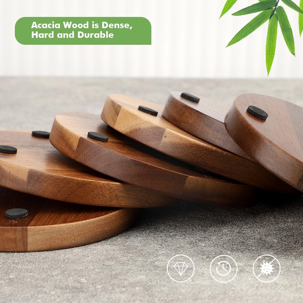 Wood Cork Coasters for Drinks Absorbent with Holder,  Acacia Wood Coaster Sets Rustic Farmhouse for Coffee Table Dining Table Wooden Table Coasters for Desk, Set of 6 4.33In