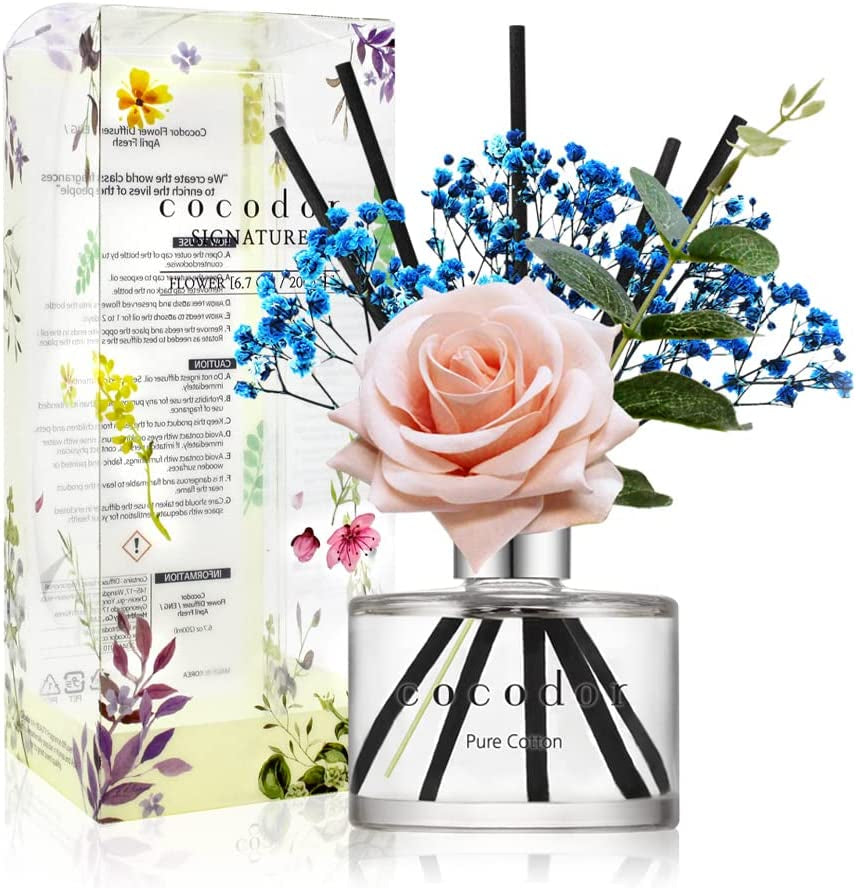 COCODOR Flower Reed Diffuser Set / 6.7Oz / White Jasmine/Scent Diffuser with Sticks Home Fragrance Reed Diffuser for Bathroom Shelf Decor