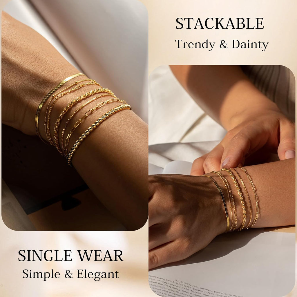 Gold Bracelets for Women - 14K Real Gold Plated Beaded Bracelets Set Rope Paperclip Chain Stackable Bracelet Non Tarnish, Friendship Birthday Jewelry Gifts for Women Teen