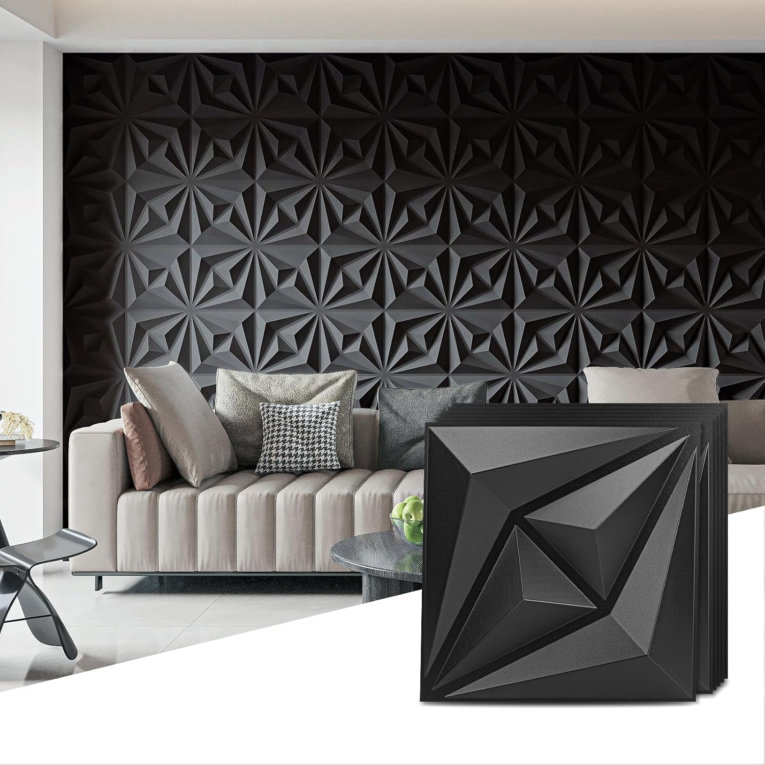 3D Wall Panels for Interior Wall Decor, 3 Layout Options PVC Textured Wall Art Decor for Living Room Bedroom TV Background Gaming Room, 12''X12'', 20 Pcs Black