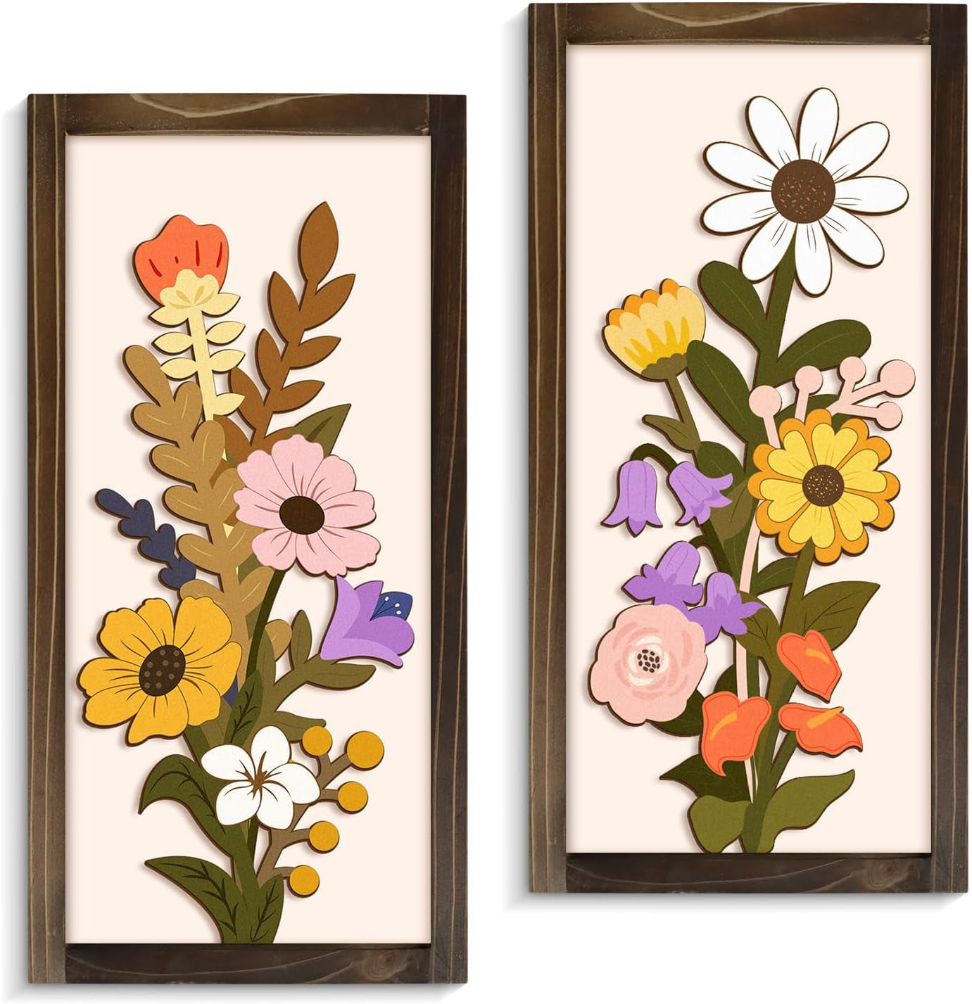 3D Floral Wall Art, 2 Set Rustic Wood Boho Flower with Vase Framed Wall Decor for Bathroom Living Room Bedroom Office Housewarming Gift, Ready to Hang Plaque Sculptures (White-A, 6L" X 12W", Framed)