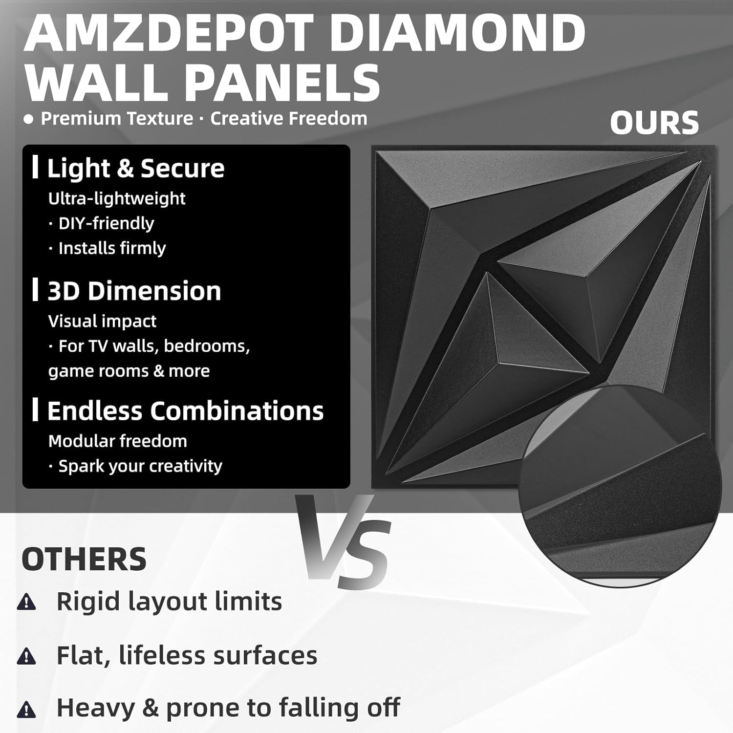 3D Wall Panels for Interior Wall Decor, 3 Layout Options PVC Textured Wall Art Decor for Living Room Bedroom TV Background Gaming Room, 12''X12'', 20 Pcs Black