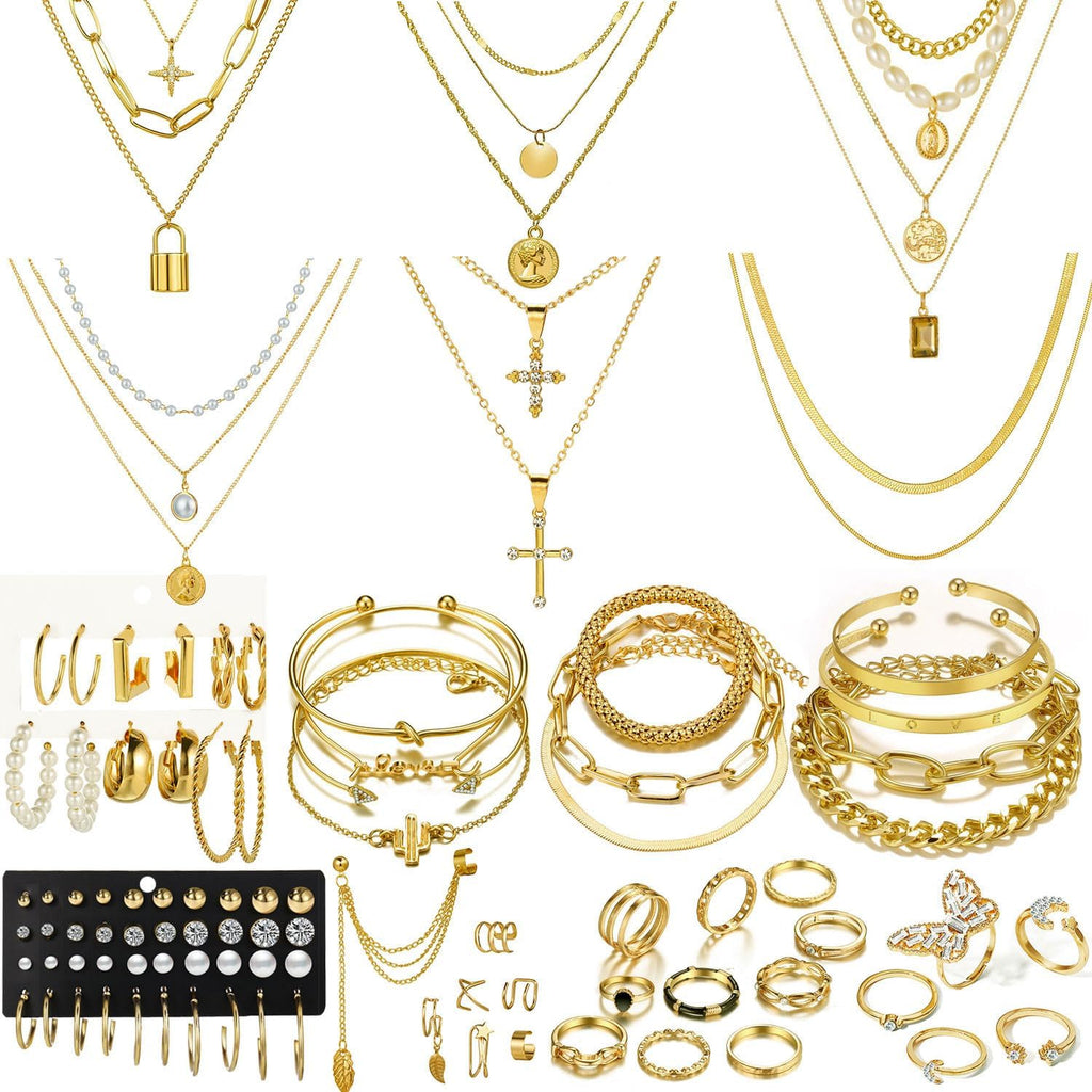 73 Pcs Gold Jewelry Set with 6Pcs Layered Necklace, 11 Pcs Anklet and 7Pcs Earring Ear Cuff,12Hoop Earrings ,15Pcs Rings,21Pcs Stud Earrings Jewerly Set for Women Pack for Friendship Party Gift