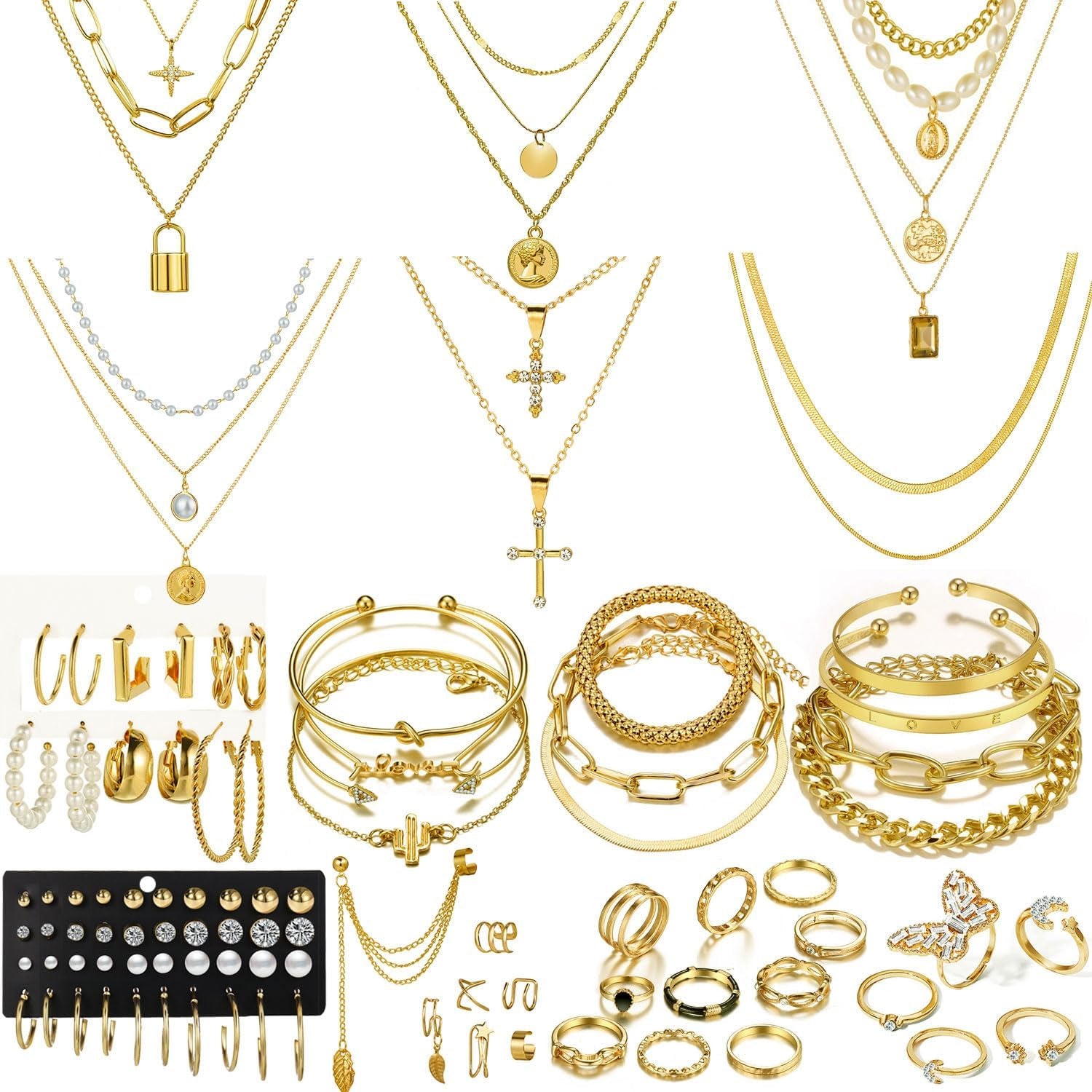 73 Pcs Gold Jewelry Set with 6Pcs Layered Necklace, 11 Pcs Anklet and 7Pcs Earring Ear Cuff,12Hoop Earrings ,15Pcs Rings,21Pcs Stud Earrings Jewerly Set for Women Pack for Friendship Party Gift