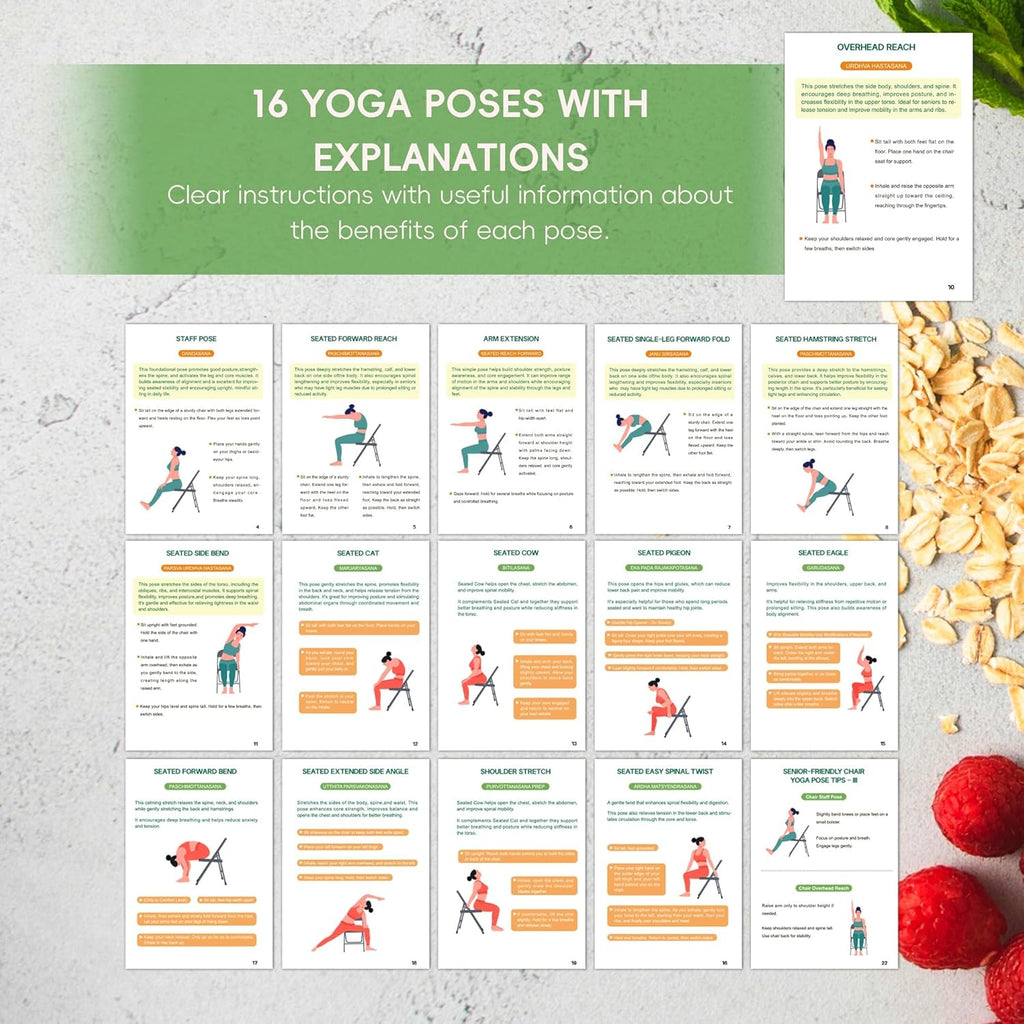 Chair Yoga for Seniors over 60 Book & Chart – 30-Day Challenge, Gentle Seated Yoga Guide, Chair Yoga for Weight Loss & Flexibility, Senior Chair Exercises for Women & Men, 8.5X11" Book on Chair Yoga