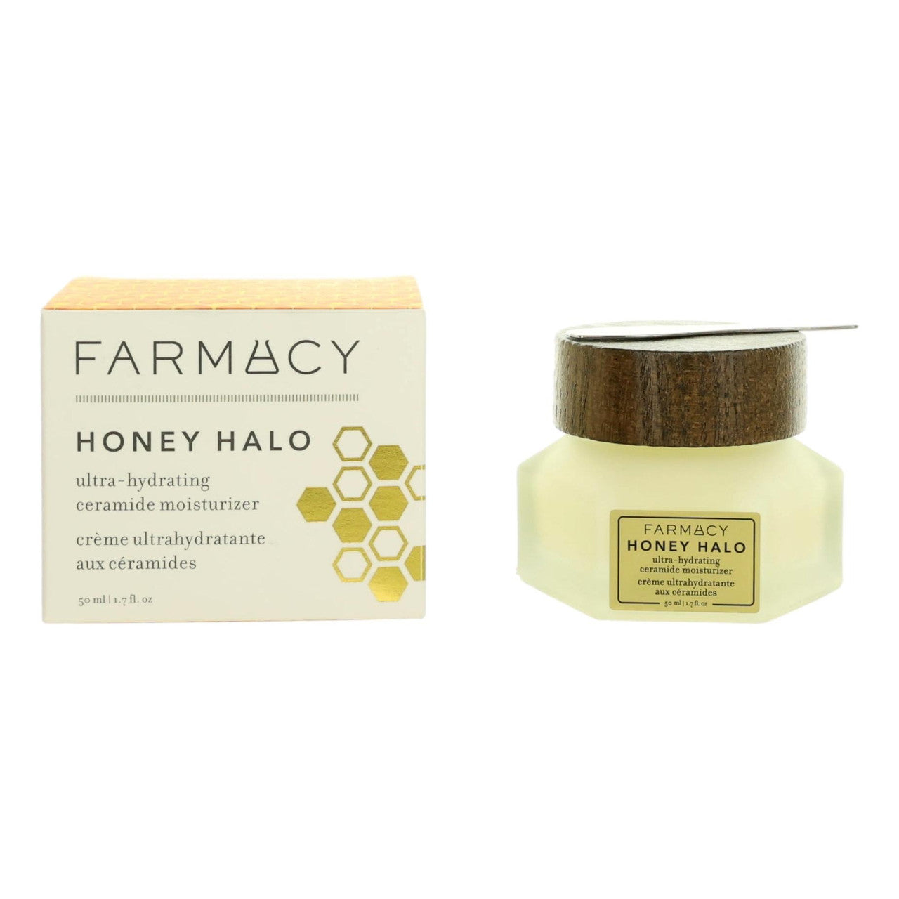 Farmacy Honey Halo moisturizer jar and box, ultra-hydrating ceramide formula for dry skin.