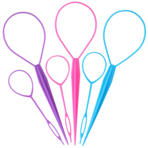 6Pcs Topsy Tail and Hair Loop Styling Tool Set - Ponytail Makers, French Braid Loops in Large and Small, Hair Pull through Tools (Pink, Blue, Purple) for Women and Girls