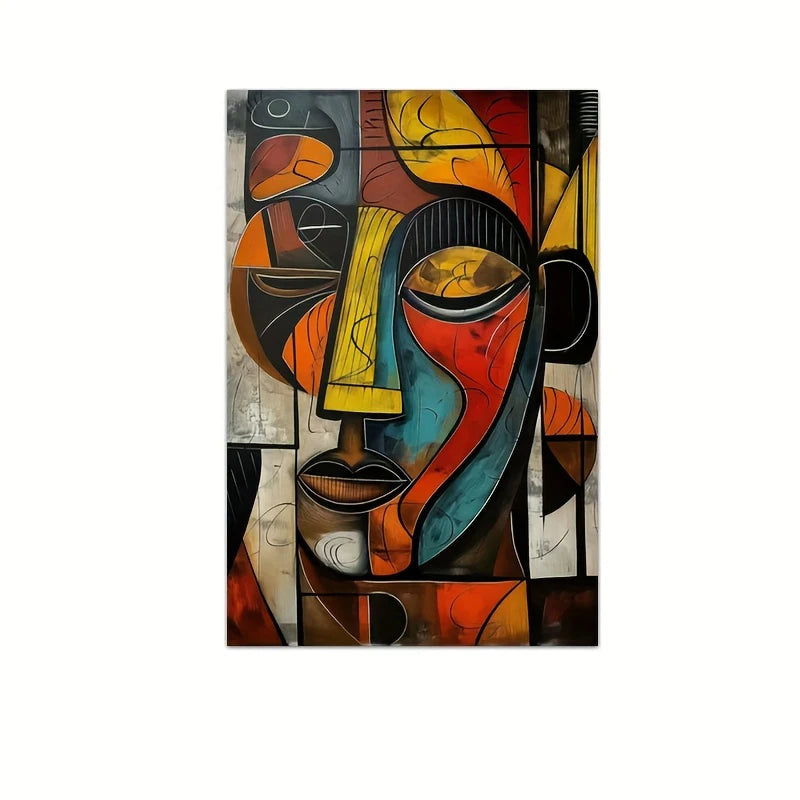 Yellow Brown Picasso Wall Art Canvas Poster, Modern Abstract African Tribal Mask Canvas Painting, Wall Art Decor for Livingroom