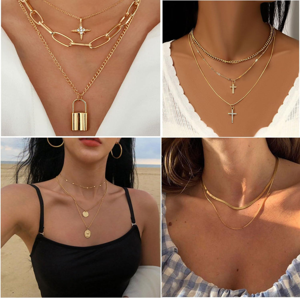 73 Pcs Gold Jewelry Set with 6Pcs Layered Necklace, 11 Pcs Anklet and 7Pcs Earring Ear Cuff,12Hoop Earrings ,15Pcs Rings,21Pcs Stud Earrings Jewerly Set for Women Pack for Friendship Party Gift