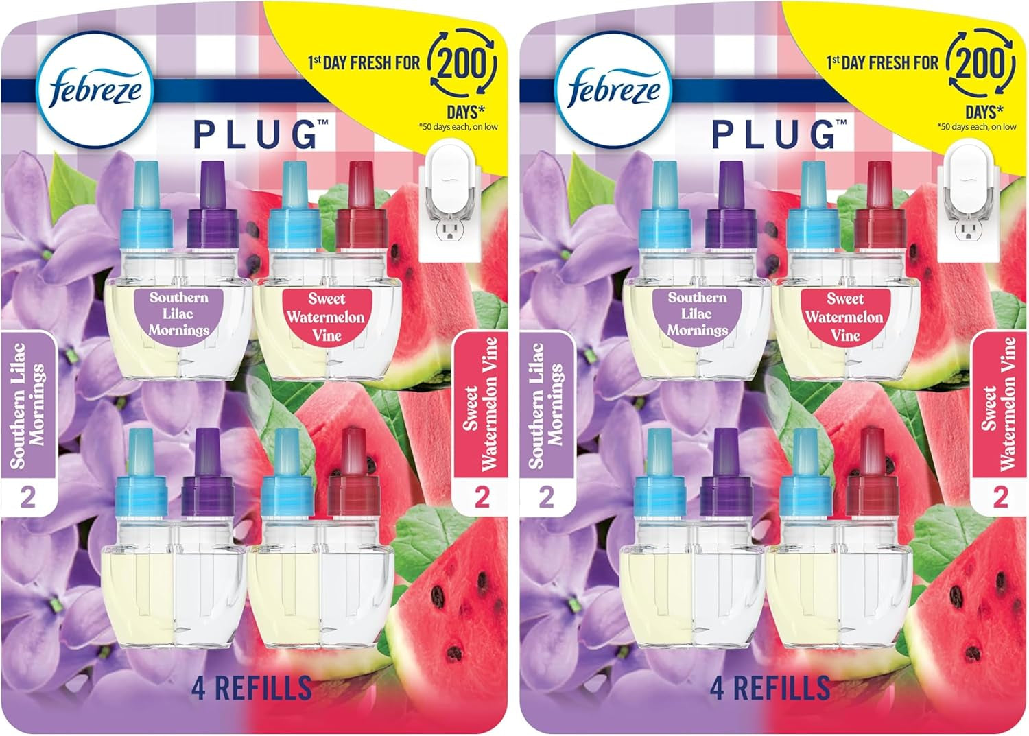 Odor-Fighting Fade Defy PLUG Air Freshener, Southern Lilac Mornings, Sweet Watermelon Vine, Pack of 4 (2 of Each), .79 Fl. Oz. Oil Refill