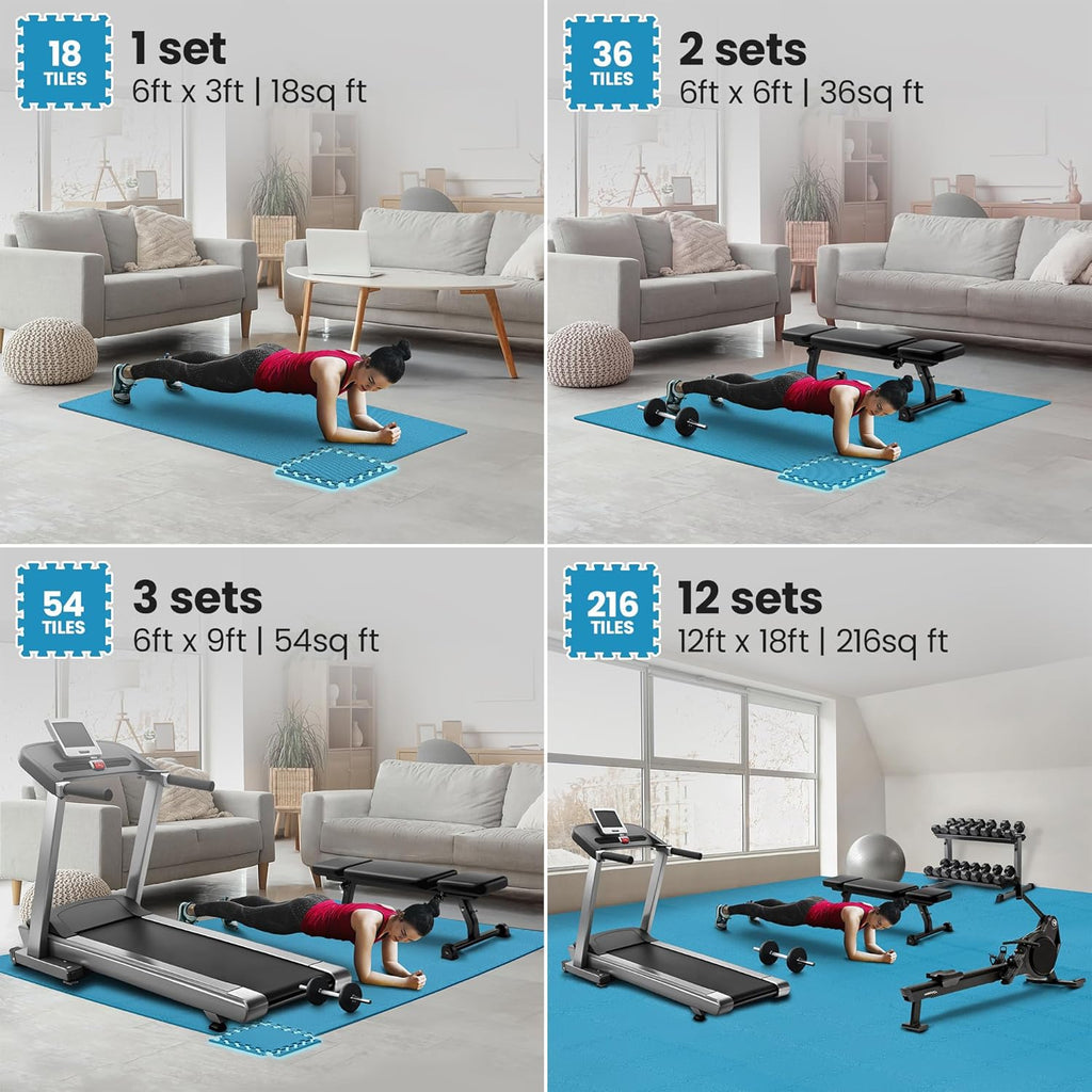 Gym Mats Set - 18 Pcs EVA Interlocking Foam Floor Tiles (12.6"X12.6"X0.4") 18Sqft Protective Gym Flooring Sports Home Workout Exercise Mats Puzzle Garage Fitness Play-Room Pool Treadmill Bike