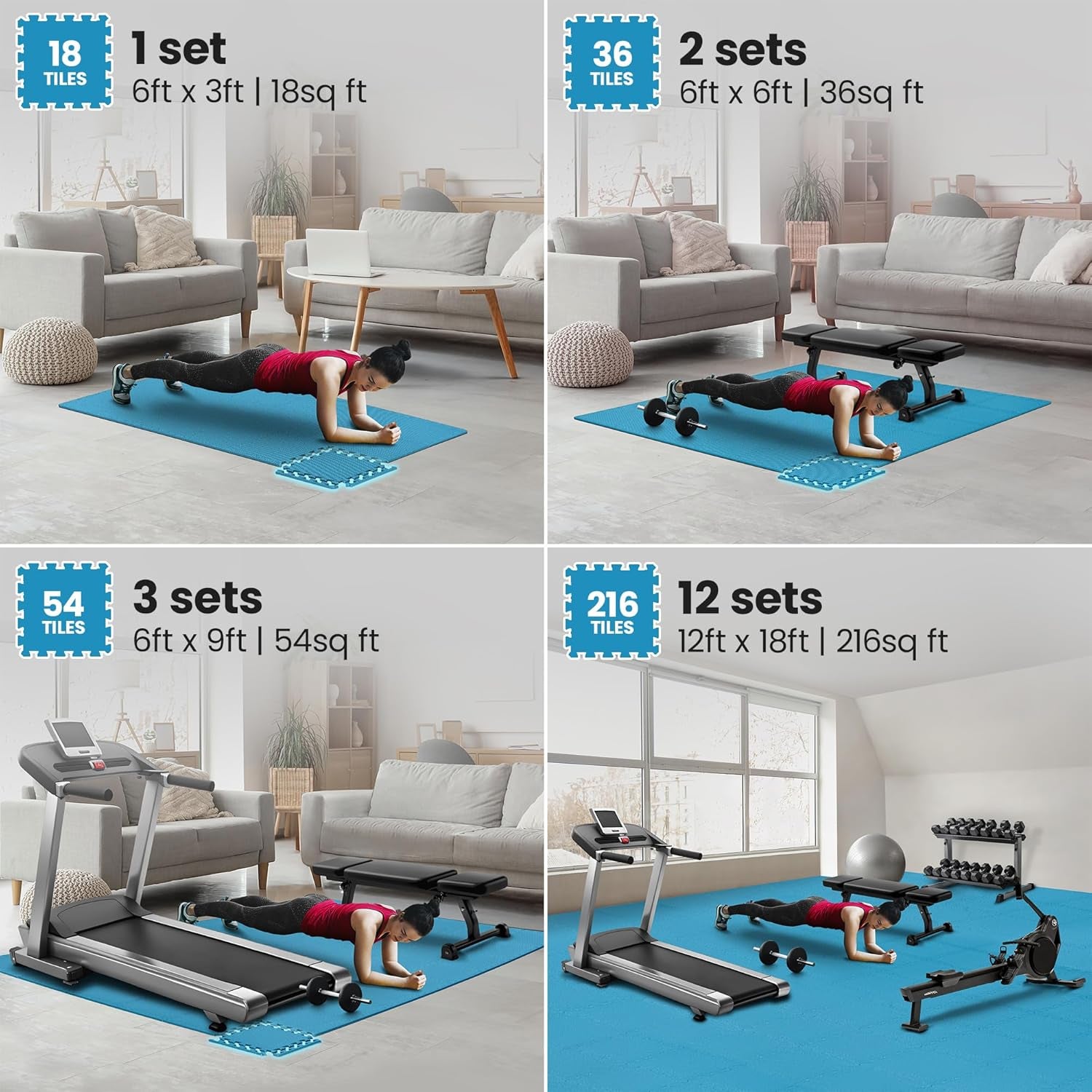 Gym Mats Set - 18 Pcs EVA Interlocking Foam Floor Tiles (12.6"X12.6"X0.4") 18Sqft Protective Gym Flooring Sports Home Workout Exercise Mats Puzzle Garage Fitness Play-Room Pool Treadmill Bike