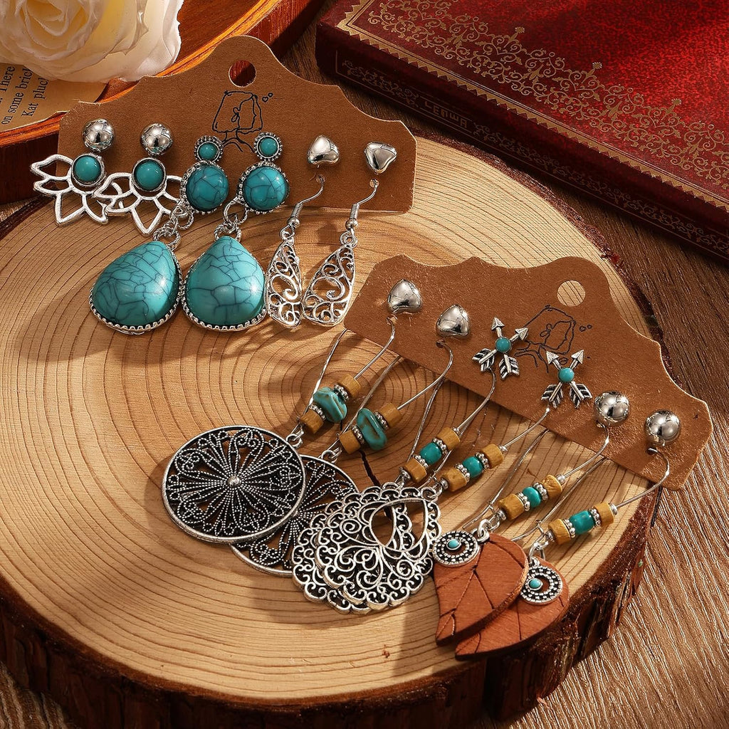 Bohemian Jewelry Set with Turquoise Necklace, Dangle Earrings, Stackable Bangle Bracelets, Knuckle Rings for Women Vintage Western Boho Turquoise Anniversary Birthday Friendship Gift