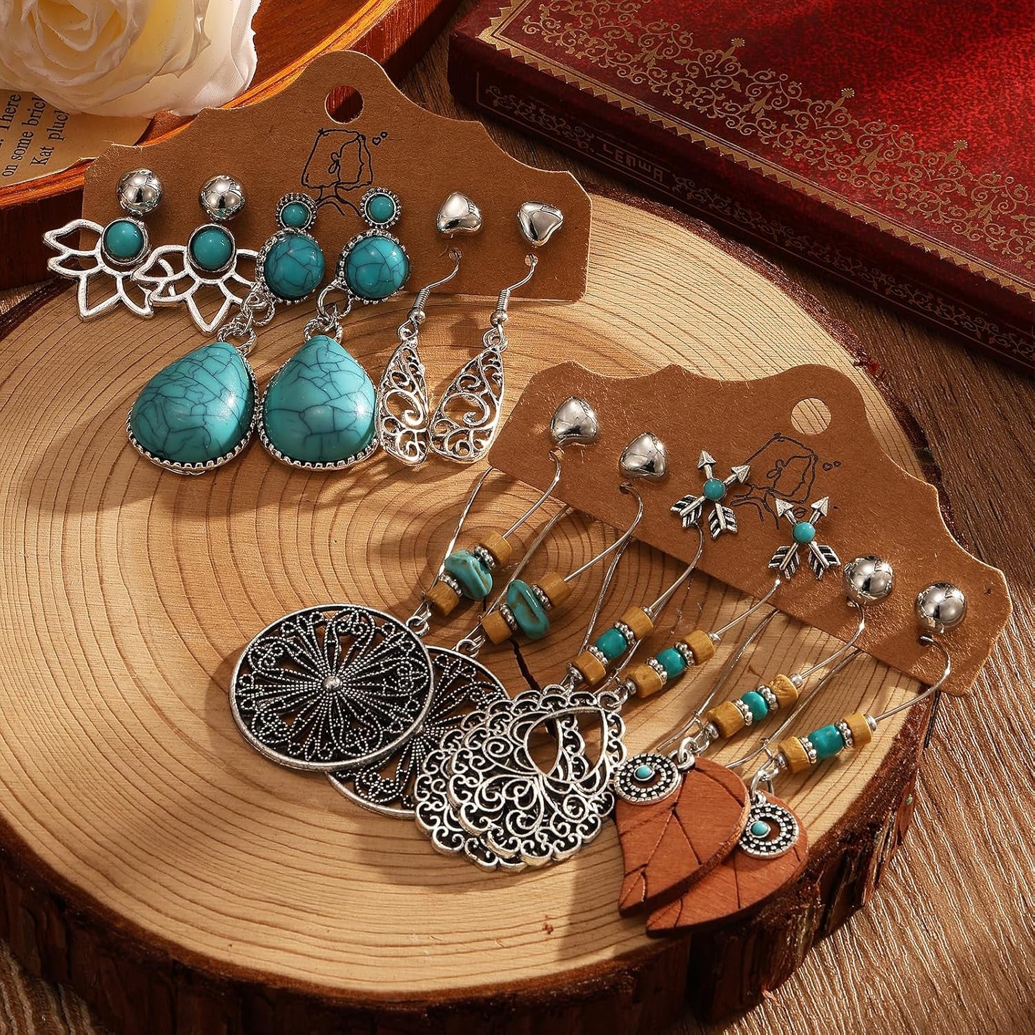 Bohemian Jewelry Set with Turquoise Necklace, Dangle Earrings, Stackable Bangle Bracelets, Knuckle Rings for Women Vintage Western Boho Turquoise Anniversary Birthday Friendship Gift