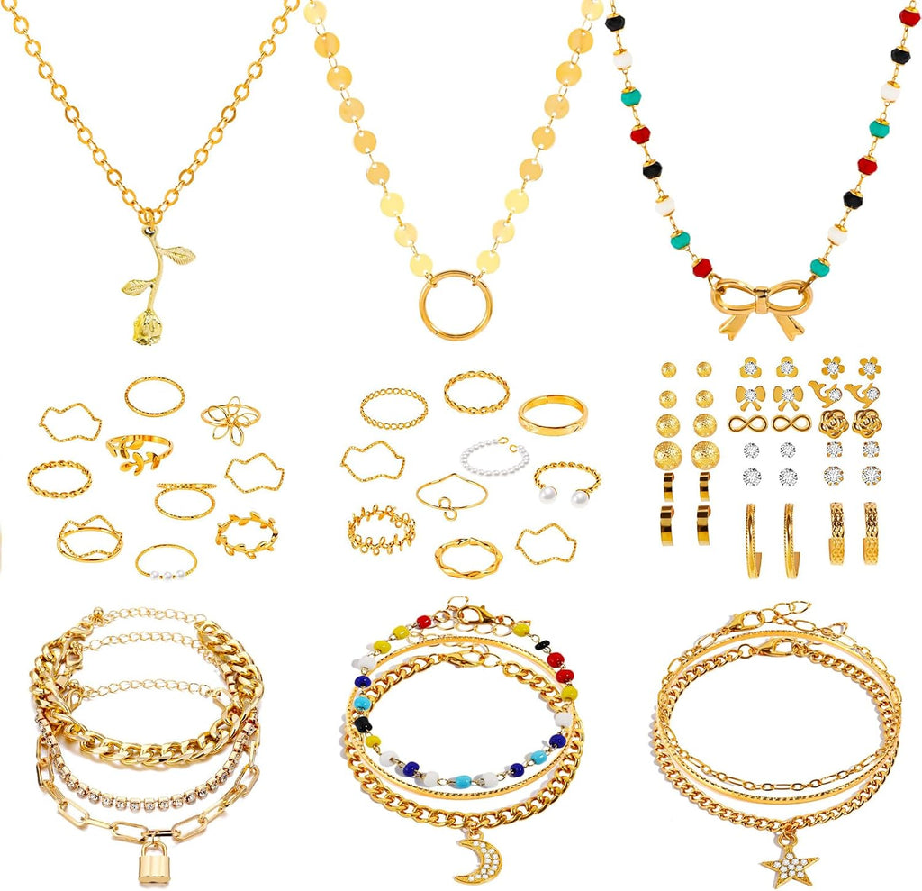 Golden Jewelry Sets for Women Fashion Costume Jewelry Includ Necklace Bracelet Rings Earrings Set