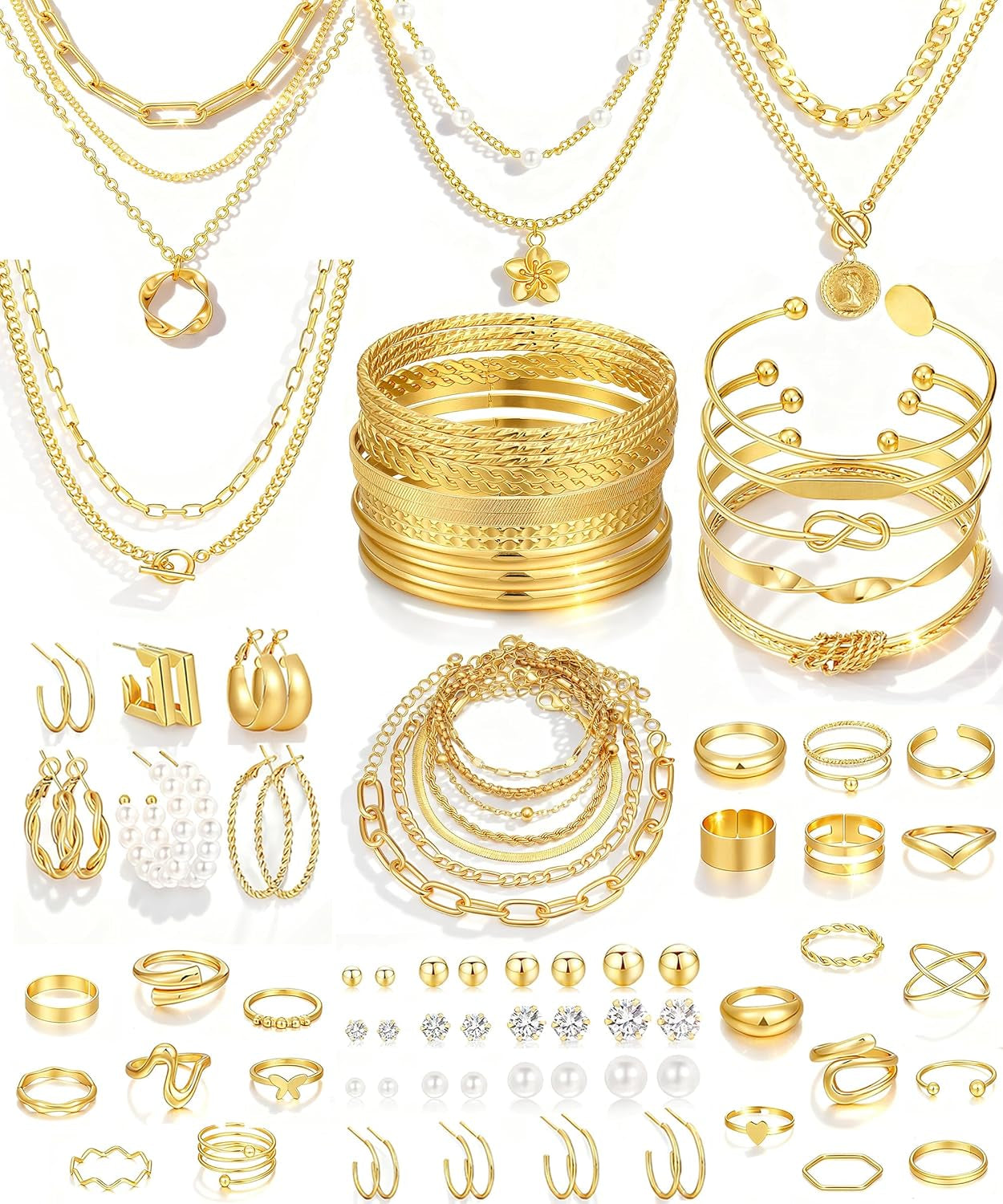 78 Pieces Gold Jewelry Set for Women, 9 Necklace, 24 Bracelet, 22 Earrings, 23 Knuckle Rings Gold Plated Jewerly Set for Women Gift