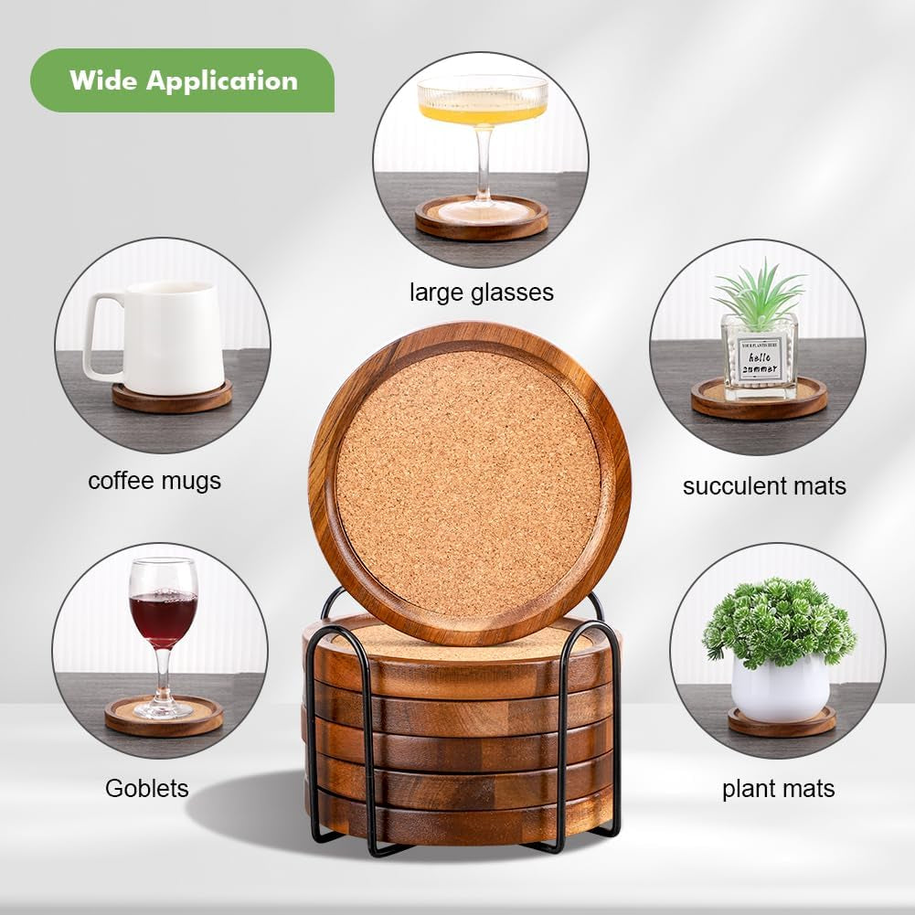 Wood Cork Coasters for Drinks Absorbent with Holder,  Acacia Wood Coaster Sets Rustic Farmhouse for Coffee Table Dining Table Wooden Table Coasters for Desk, Set of 6 4.33In