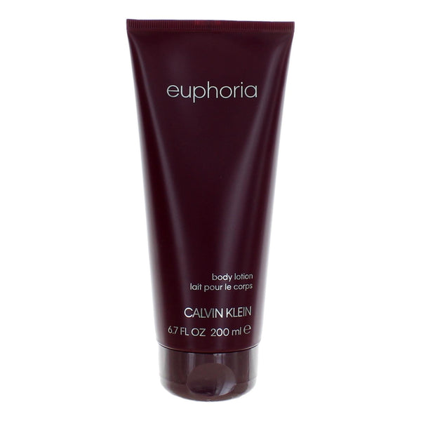 Euphoria by Calvin Klein, 6.7 oz Body Lotion for Women in a sleek dark tube with floral fragrance.