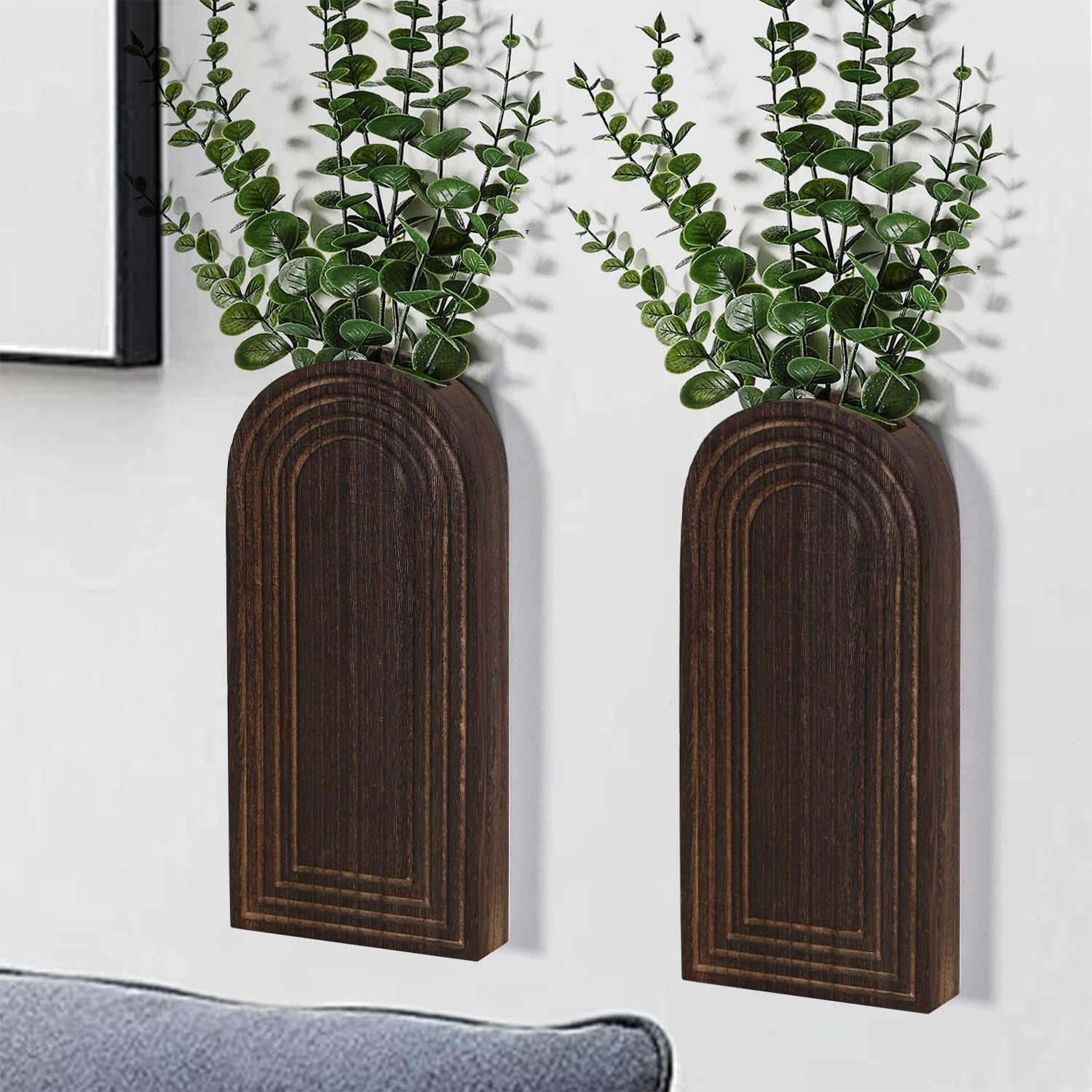 2 Pack Wooden Wall Vase Set - Brown Finish Modern Farmhouse & Boho Wall Decor for Entryway, Hallway, Bathroom, Living Room, Dining Room, Narrow Spaces