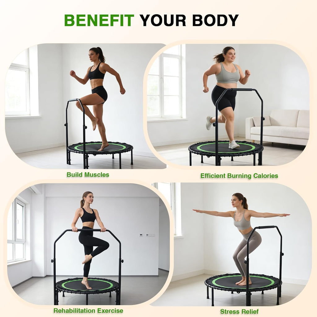 40" Mini Rebounder Trampoline for Adults with Handle, Foldable Mini Trampoline with Bungees, Adjustable Foam Handle, Stable & Quiet, Max Load 440Lbs