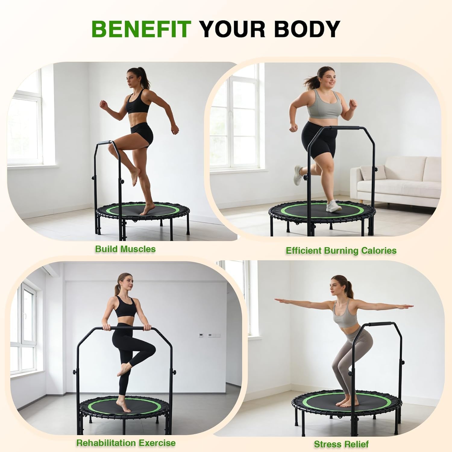 40" Mini Rebounder Trampoline for Adults with Handle, Foldable Mini Trampoline with Bungees, Adjustable Foam Handle, Stable & Quiet, Max Load 440Lbs
