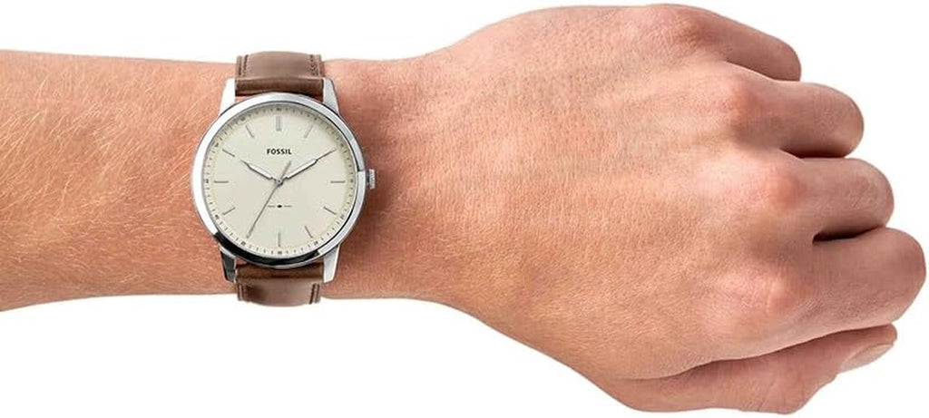 Men'S Minimalist Quartz Stainless Steel and Brown Leather Three-Hand Watch for Men, Color: Silver, Brown